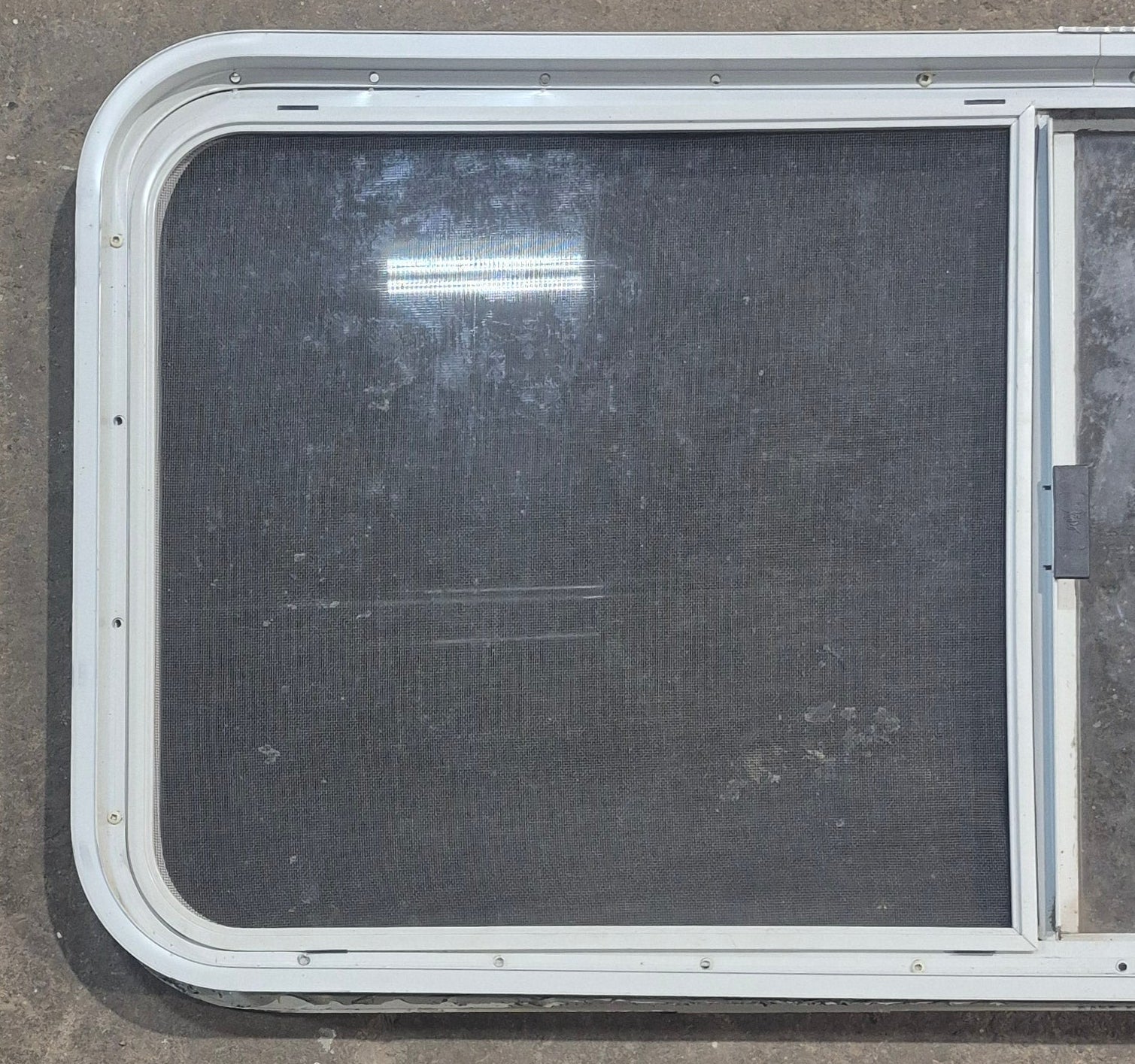 Used White Radius Opening Window : 45 1/2" W x 21 1/4" H x 1 3/4" D - Young Farts RV Parts