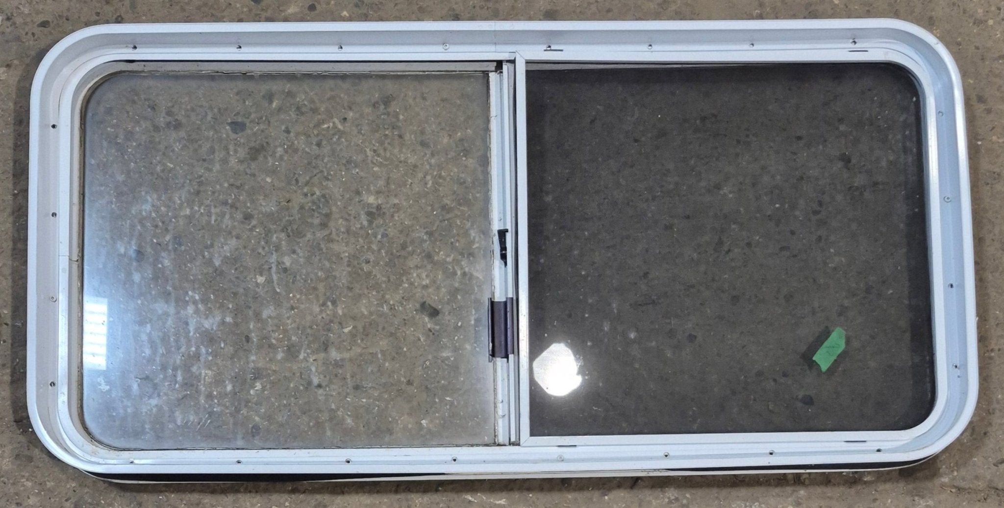 Used White Radius Opening Window : 45 1/4" W x 21 1/2" H x 1 7/8" D - Young Farts RV Parts