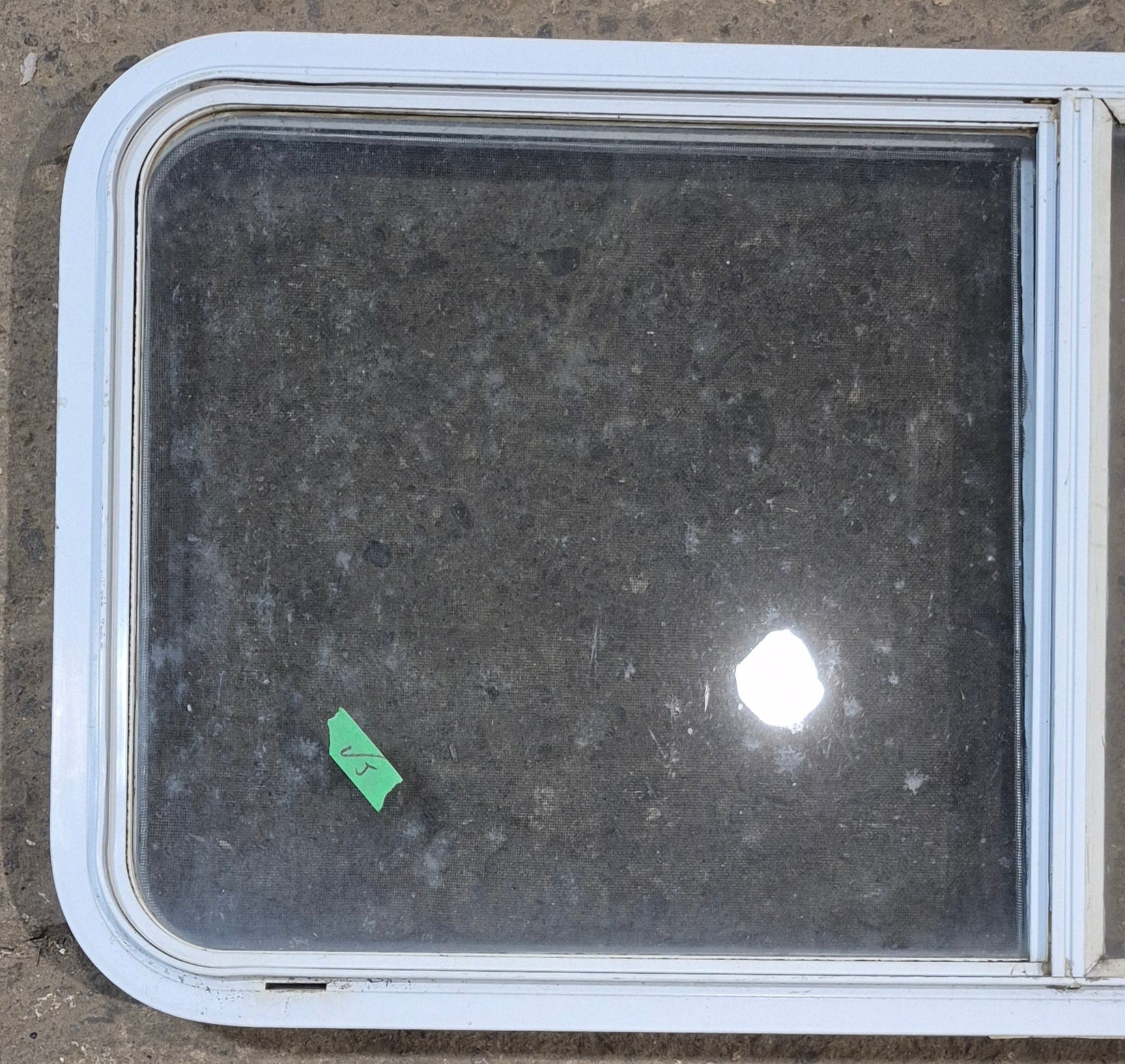 Used White Radius Opening Window : 45 1/4" W x 21 1/2" H x 1 7/8" D - Young Farts RV Parts