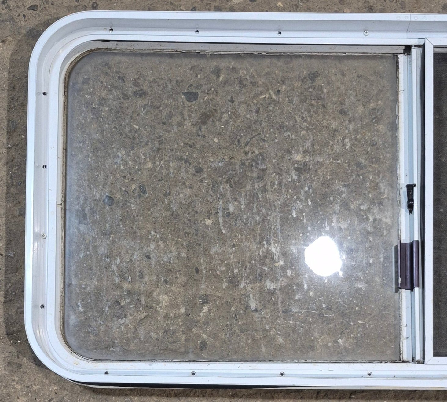 Used White Radius Opening Window : 45 1/4" W x 21 1/2" H x 1 7/8" D - Young Farts RV Parts