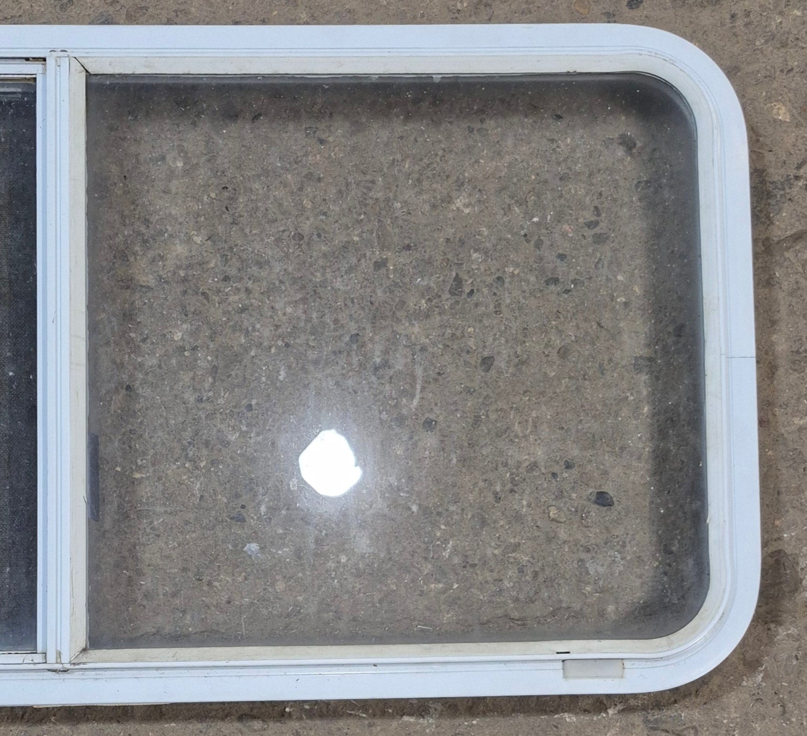 Used White Radius Opening Window : 45 1/4" W x 21 1/2" H x 1 7/8" D - Young Farts RV Parts