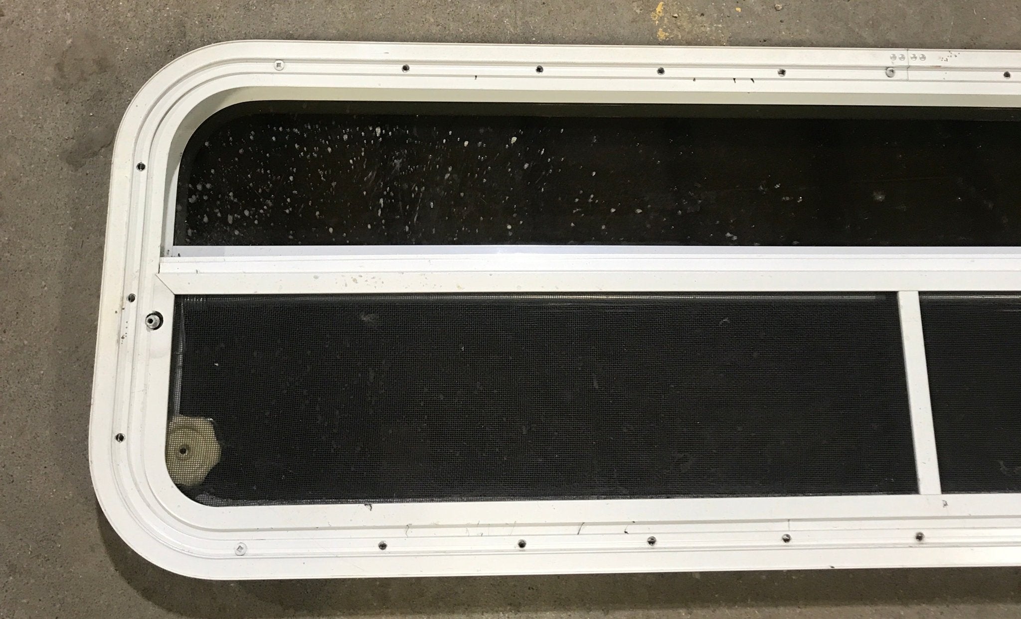 Used White Radius Opening Window : 47 1/2" W x 14 1/2" H x 1 7/8" D - Young Farts RV Parts