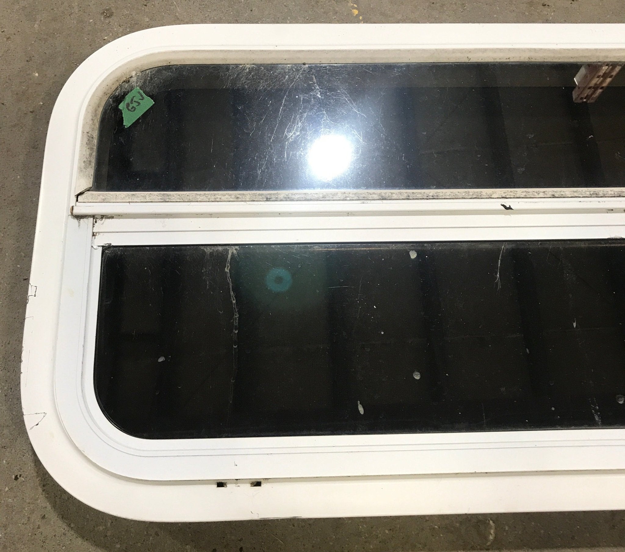 Used White Radius Opening Window : 47 1/2" W x 14 1/2" H x 1 7/8" D - Young Farts RV Parts