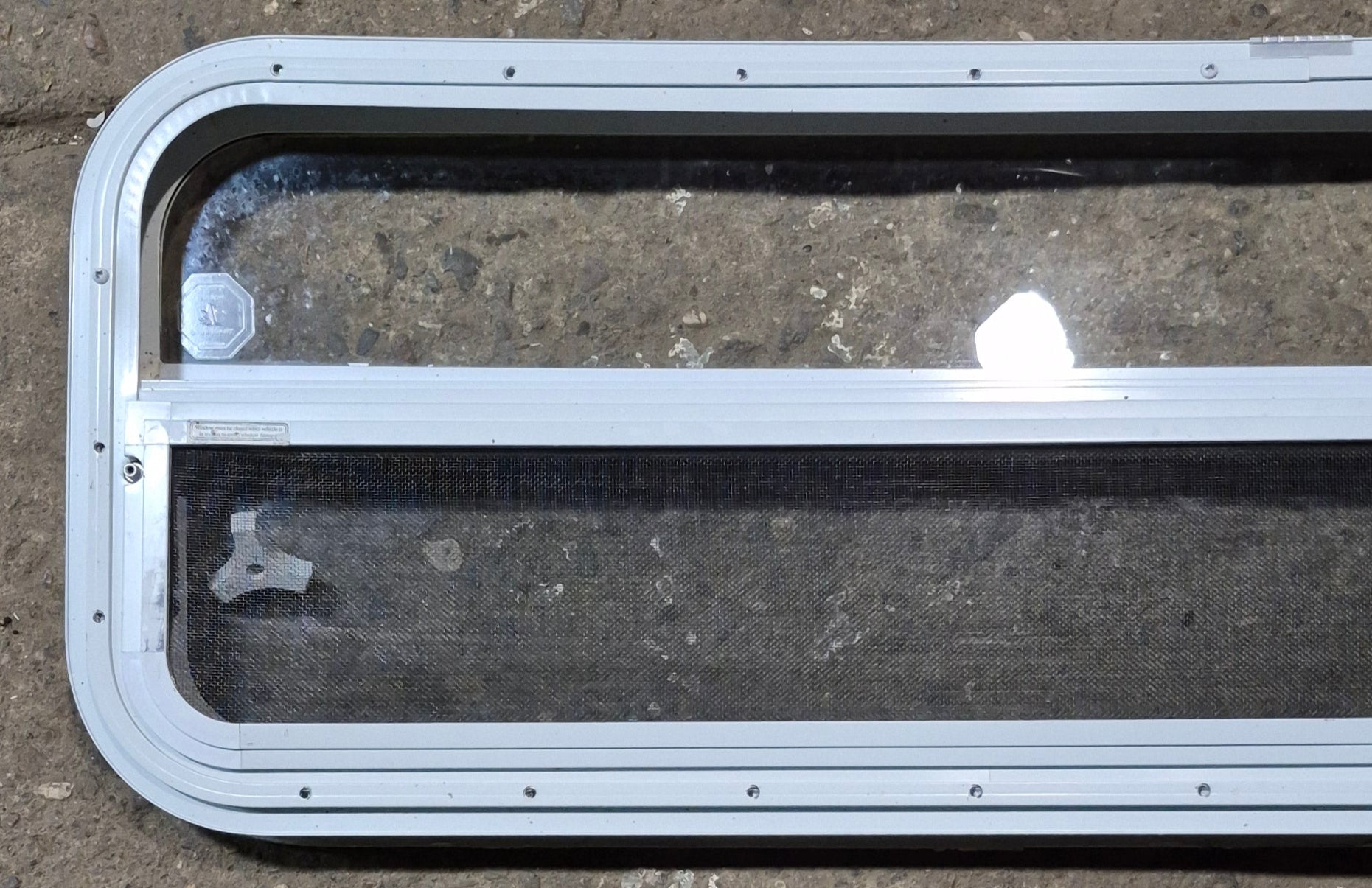 Used White Radius Opening Window : 47 1/2" W x 14 1/4" H x 1 1/4" D - Young Farts RV Parts