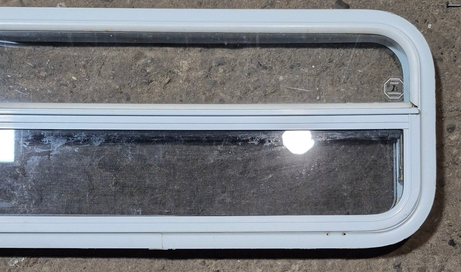 Used White Radius Opening Window : 47 1/2" W x 14 1/4" H x 1 1/4" D - Young Farts RV Parts