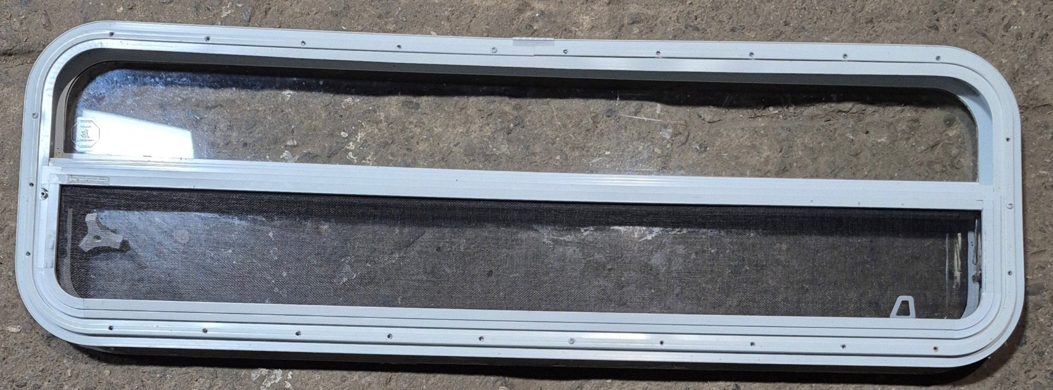 Used White Radius Opening Window : 47 1/2" W x 14 1/4" H x 1 1/4" D - Young Farts RV Parts