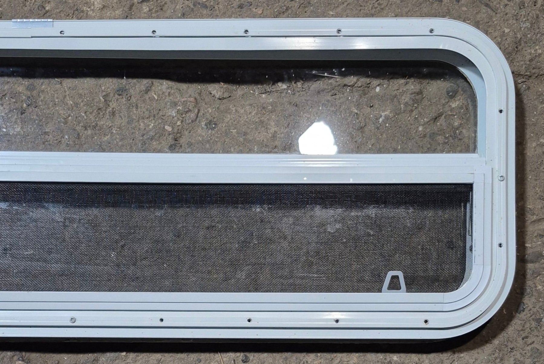 Used White Radius Opening Window : 47 1/2" W x 14 1/4" H x 1 1/4" D - Young Farts RV Parts