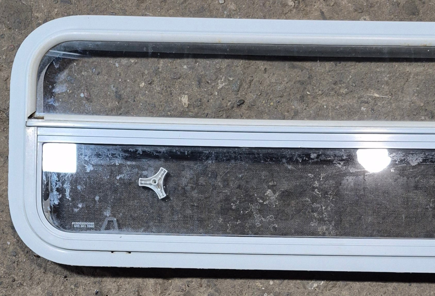 Used White Radius Opening Window : 47 1/2" W x 14 1/4" H x 1 1/4" D - Young Farts RV Parts