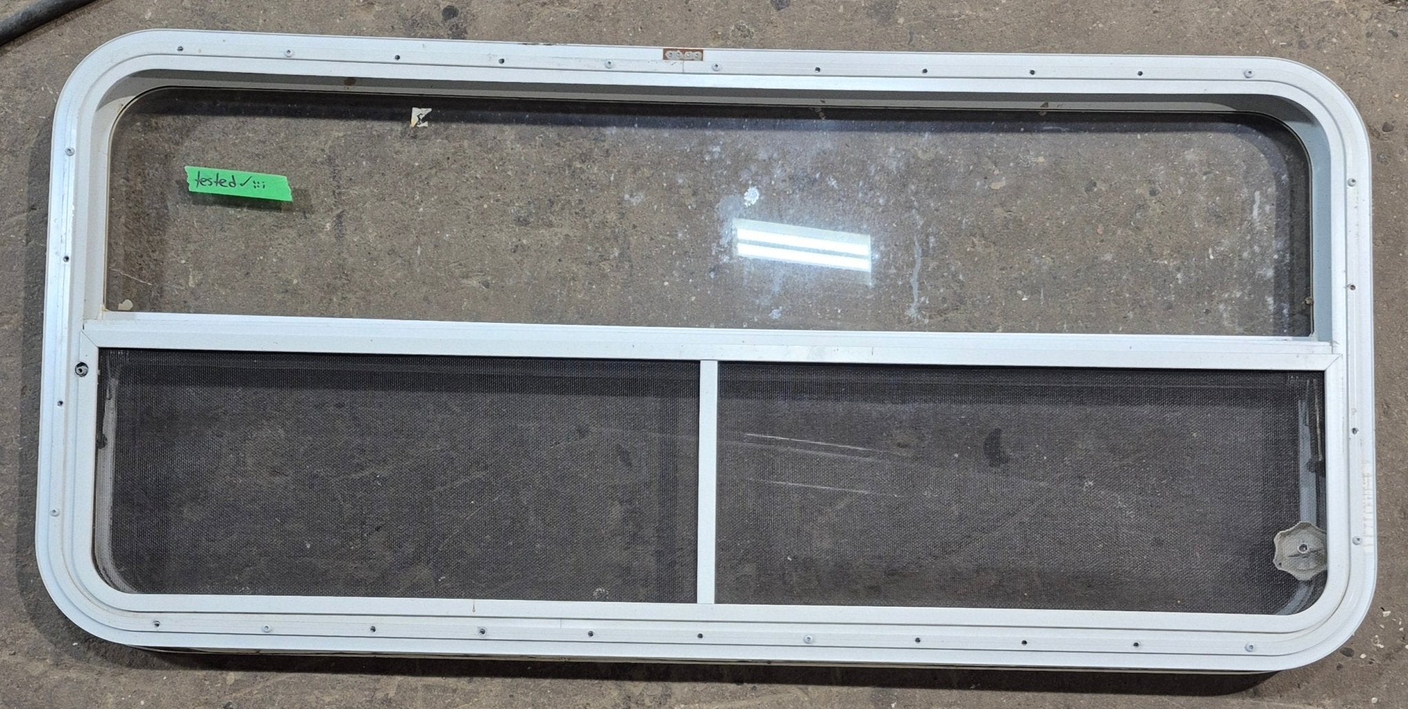 Used White Radius Opening Window : 47 1/2" W x 21 1/2" H x 1 1/2" D - Young Farts RV Parts