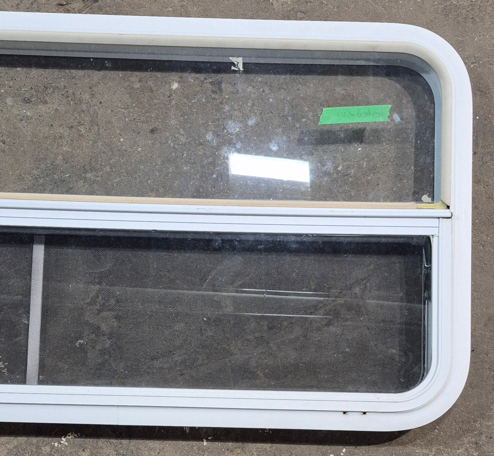 Used White Radius Opening Window : 47 1/2" W x 21 1/2" H x 1 1/2" D - Young Farts RV Parts