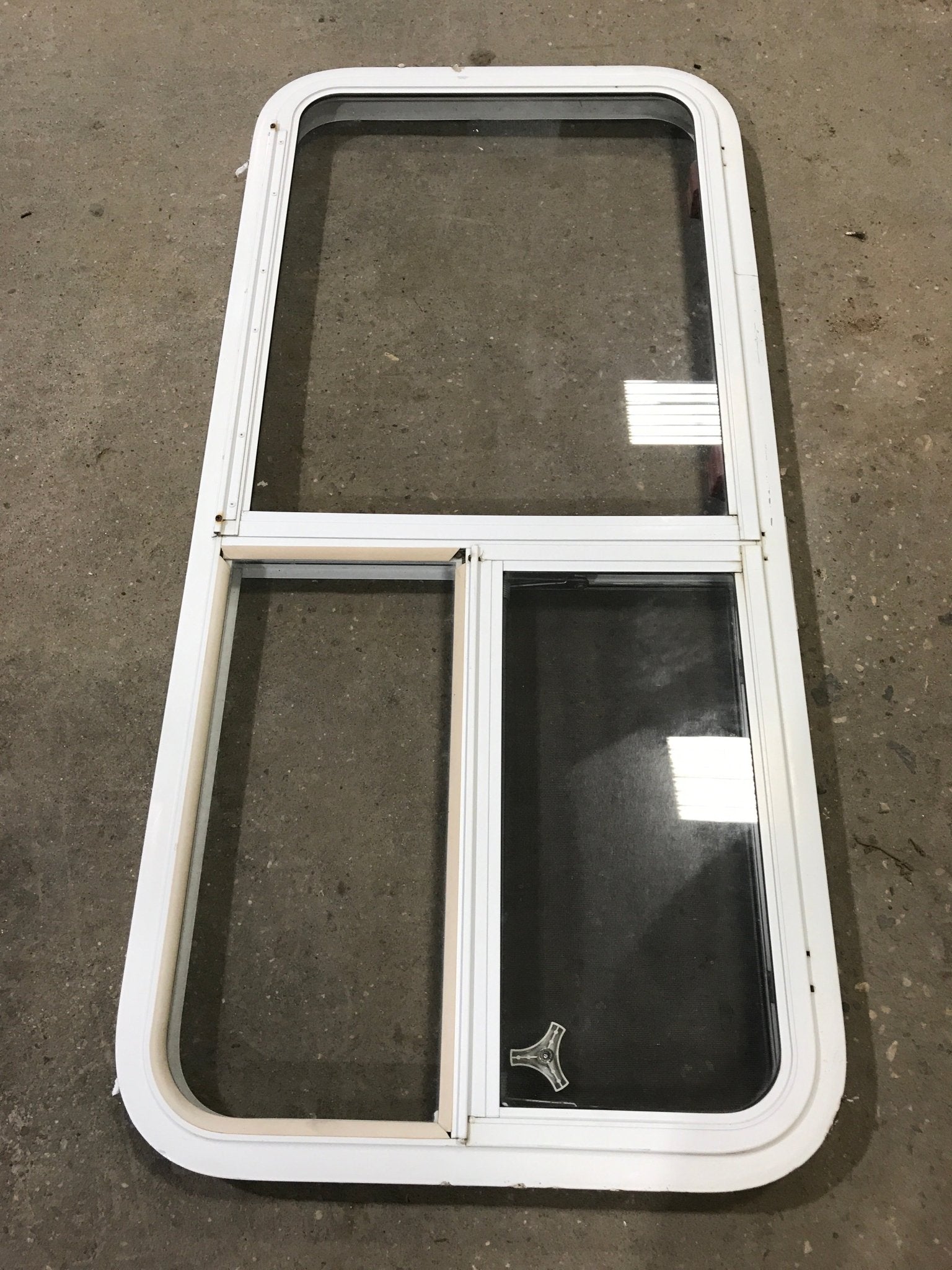 Used White Radius Opening Window : 47 1/2" W x 21 1/2" H x 1 1/2" D - Young Farts RV Parts
