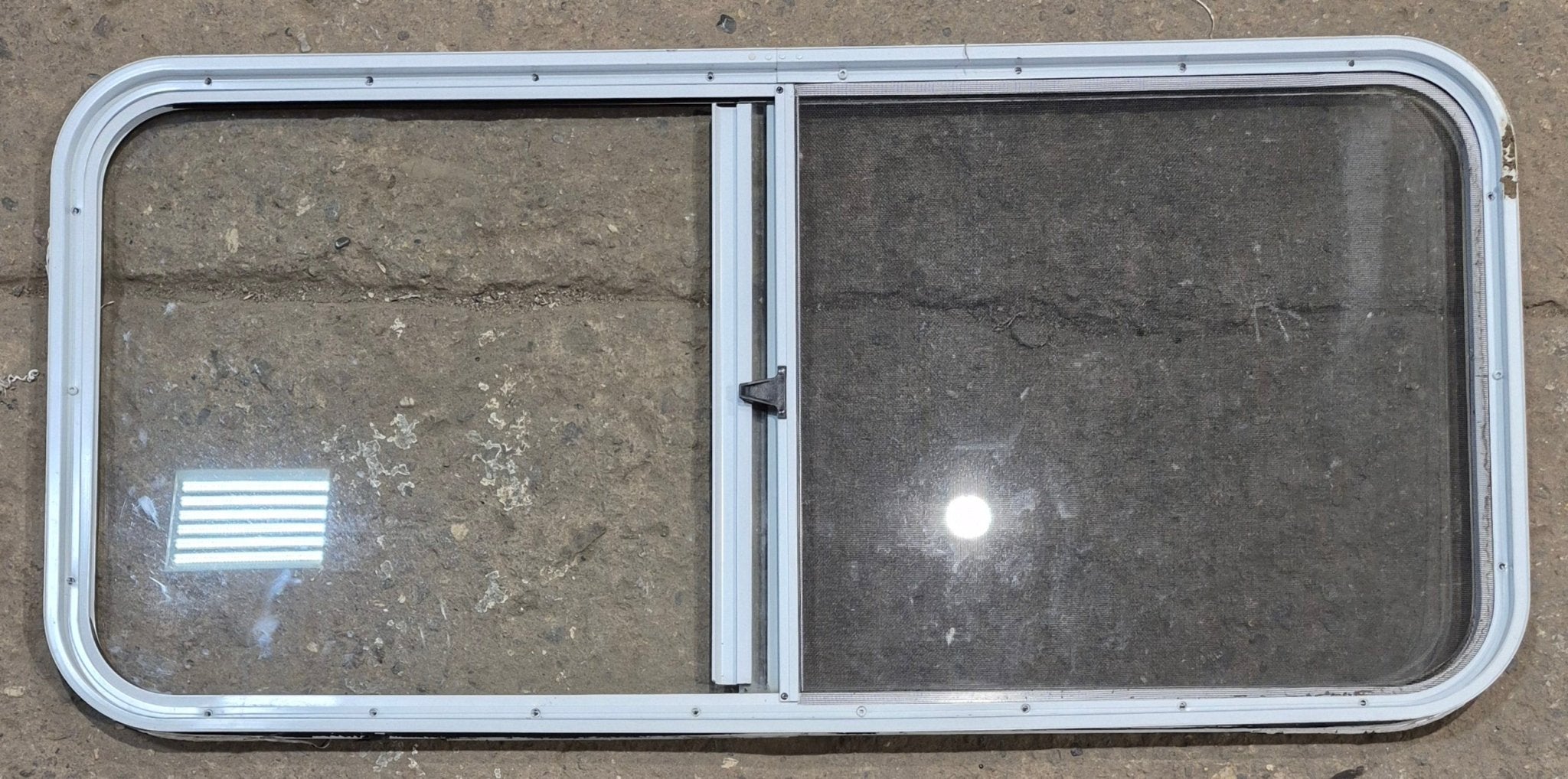 Used White Radius Opening Window : 47 1/2" W x 21 1/2" H x 1" D - Young Farts RV Parts
