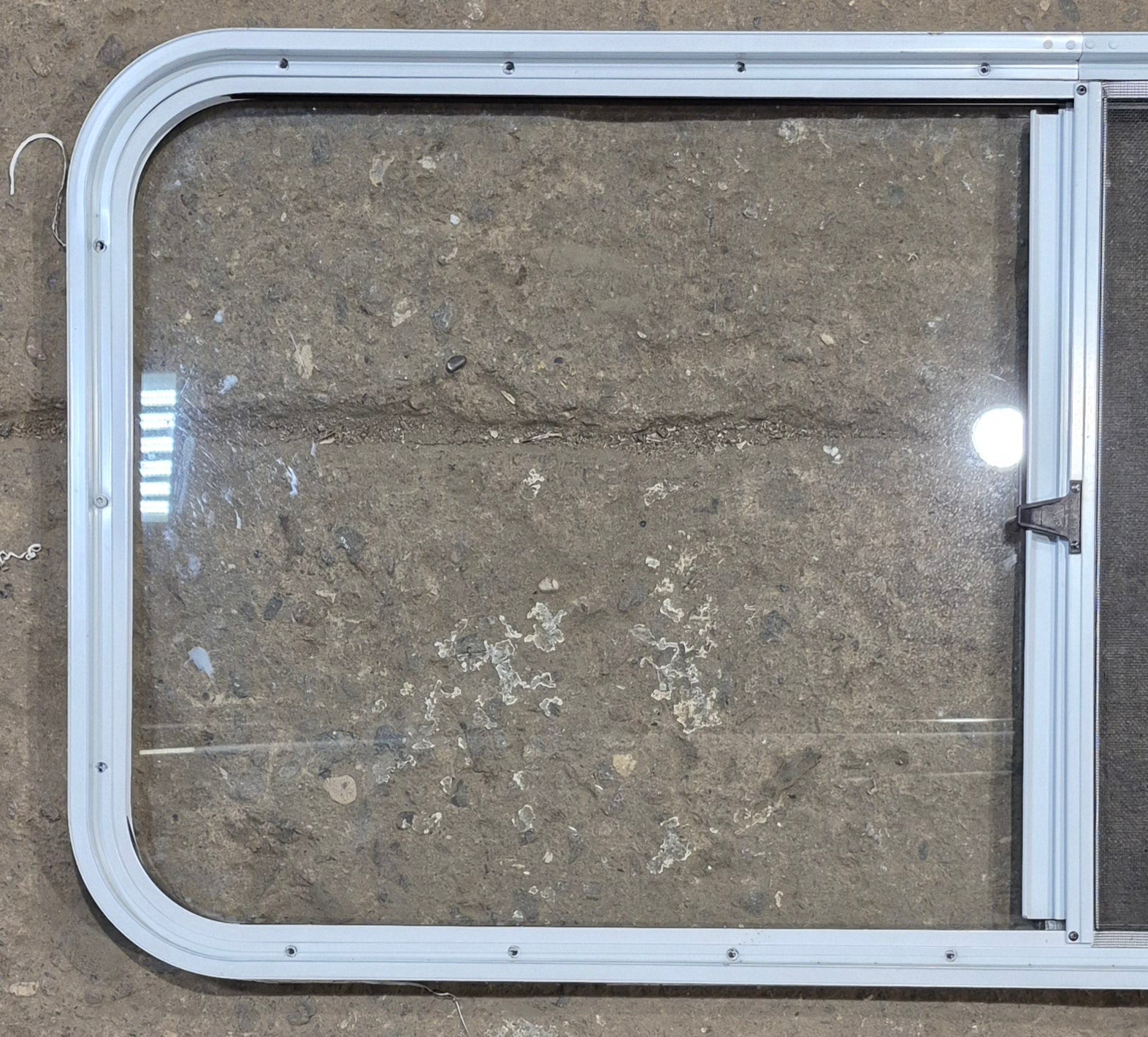 Used White Radius Opening Window : 47 1/2" W x 21 1/2" H x 1" D - Young Farts RV Parts