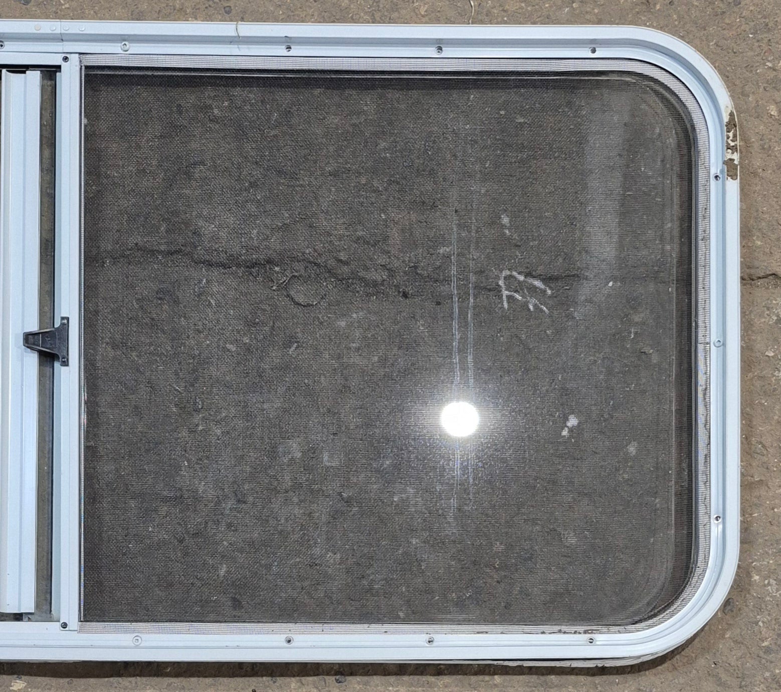 Used White Radius Opening Window : 47 1/2" W x 21 1/2" H x 1" D - Young Farts RV Parts
