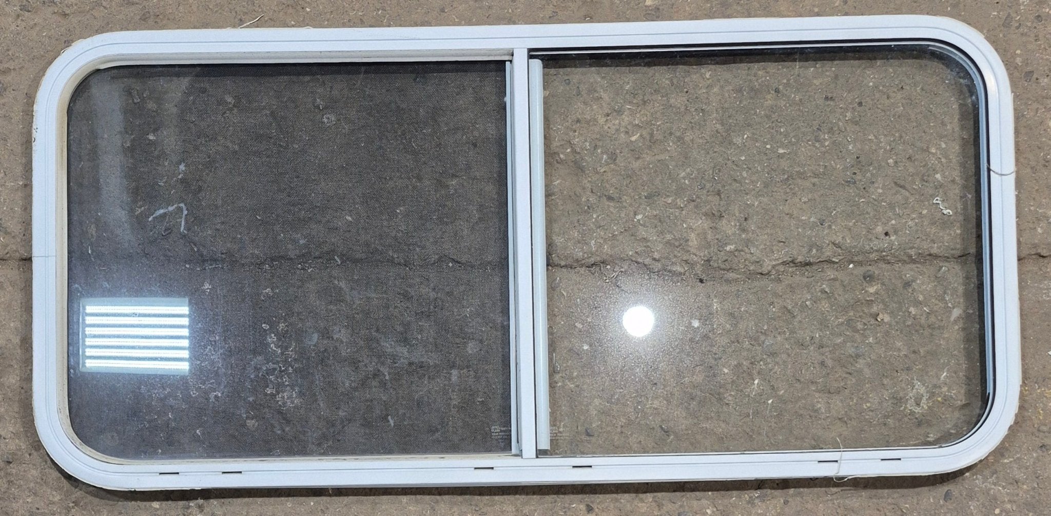Used White Radius Opening Window : 47 1/2" W x 21 1/2" H x 1" D - Young Farts RV Parts