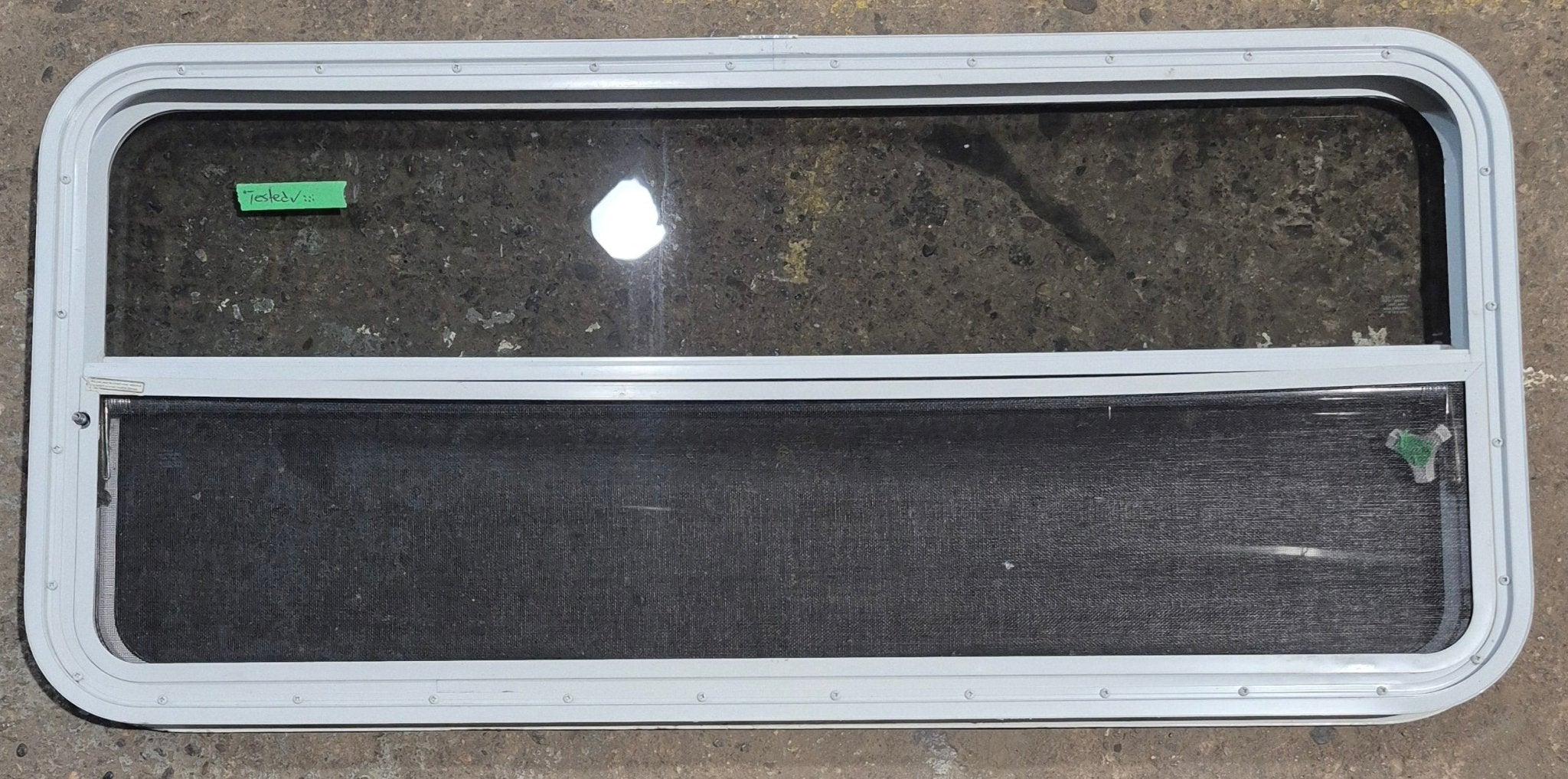 Used White Radius Opening Window : 47 1/2" W x 21 1/4" H x 1 7/8" D - Young Farts RV Parts