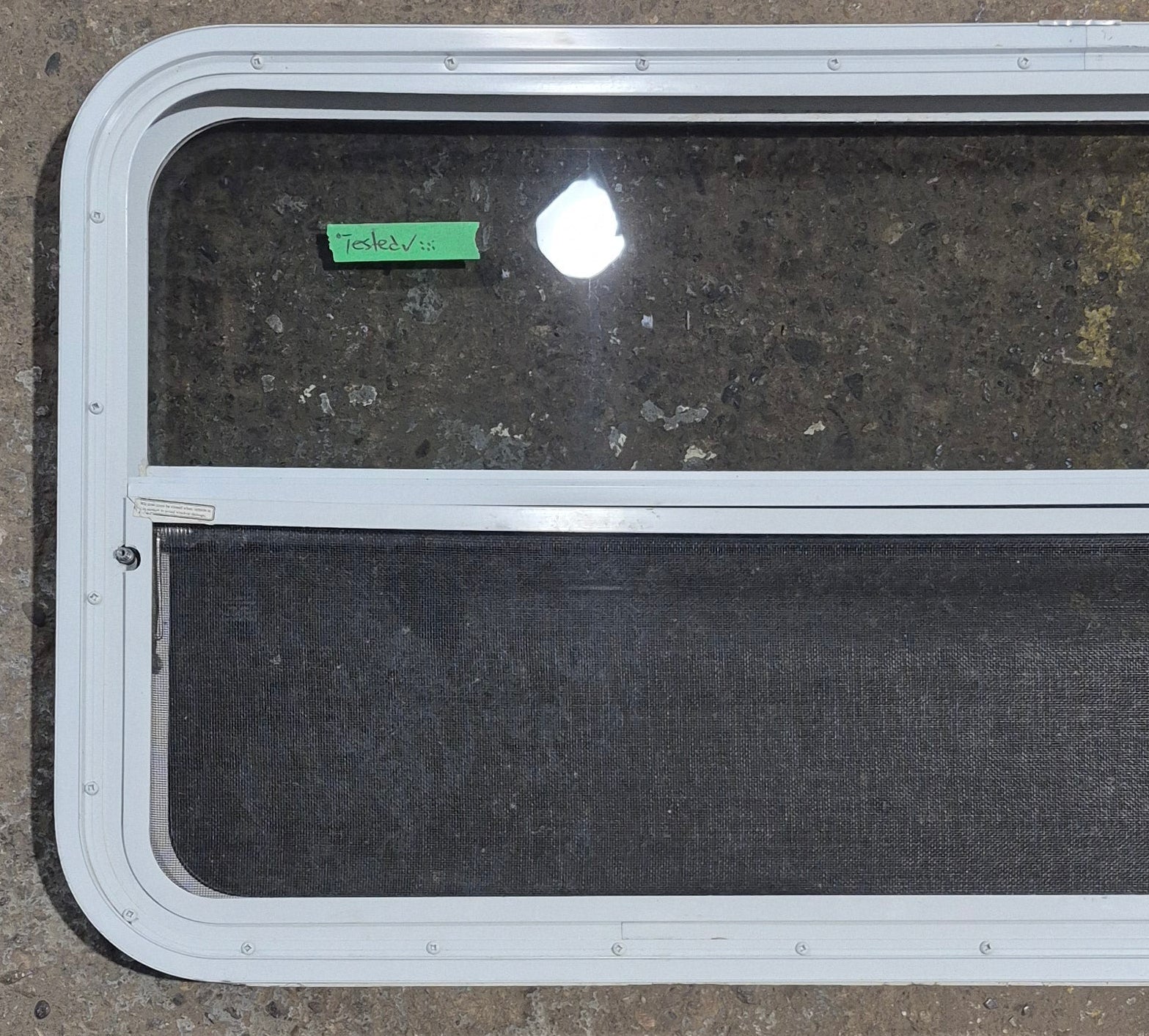Used White Radius Opening Window : 47 1/2" W x 21 1/4" H x 1 7/8" D - Young Farts RV Parts