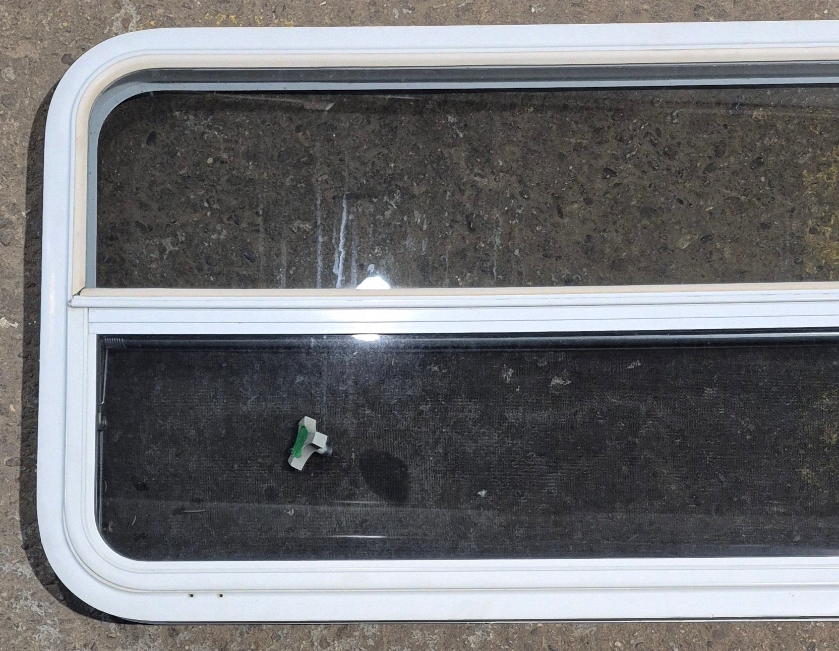 Used White Radius Opening Window : 47 1/2" W x 21 1/4" H x 1 7/8" D - Young Farts RV Parts