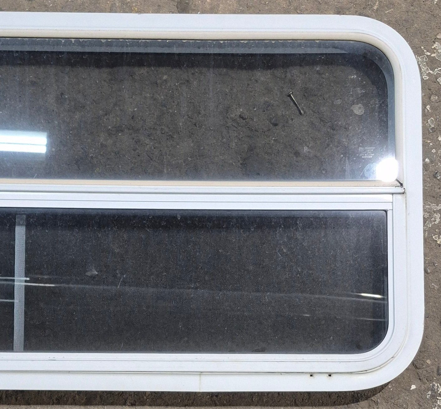 Used White Radius Opening Window : 47 1/4" W x 21 1/4" H x 1 3/4" D - Young Farts RV Parts