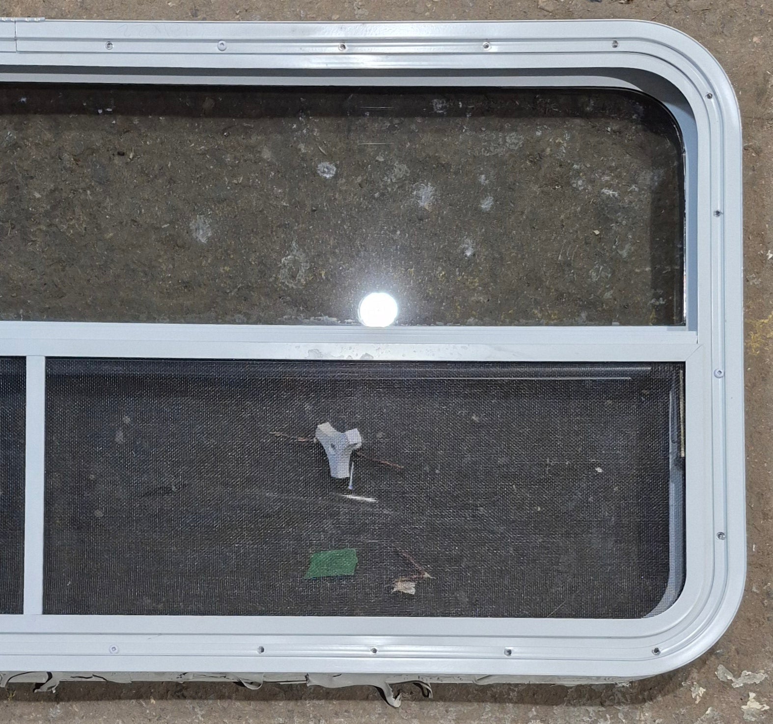 Used White Radius Opening Window : 47 1/4" W x 21 1/4" H x 1 3/4" D - Young Farts RV Parts