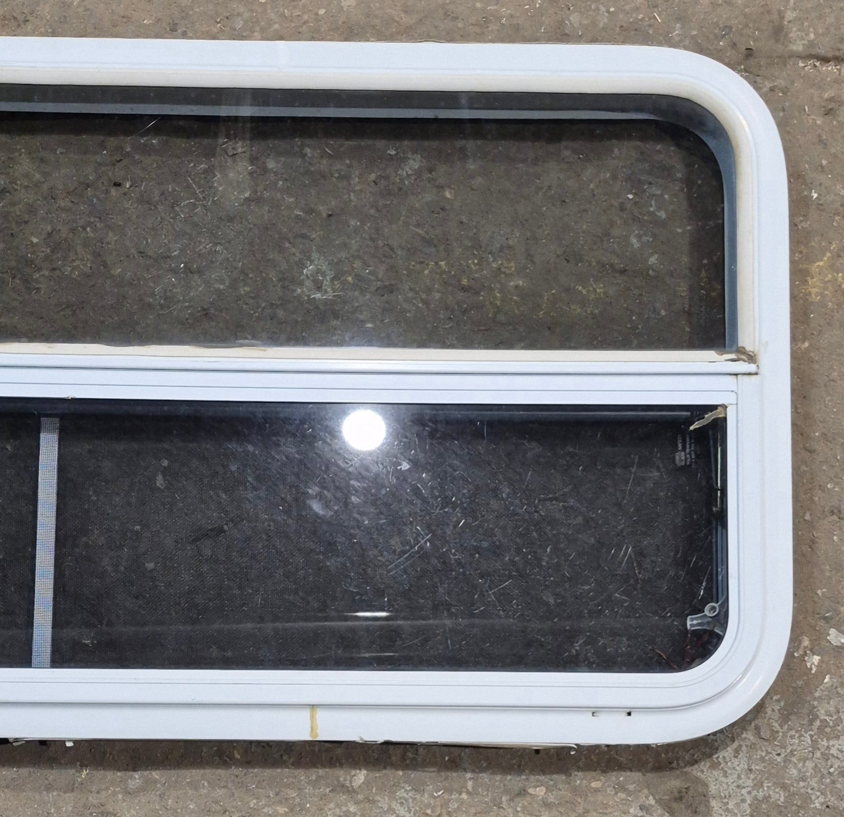 Used White Radius Opening Window : 47 1/4" W x 21 1/4" H x 1 3/4" D - Young Farts RV Parts
