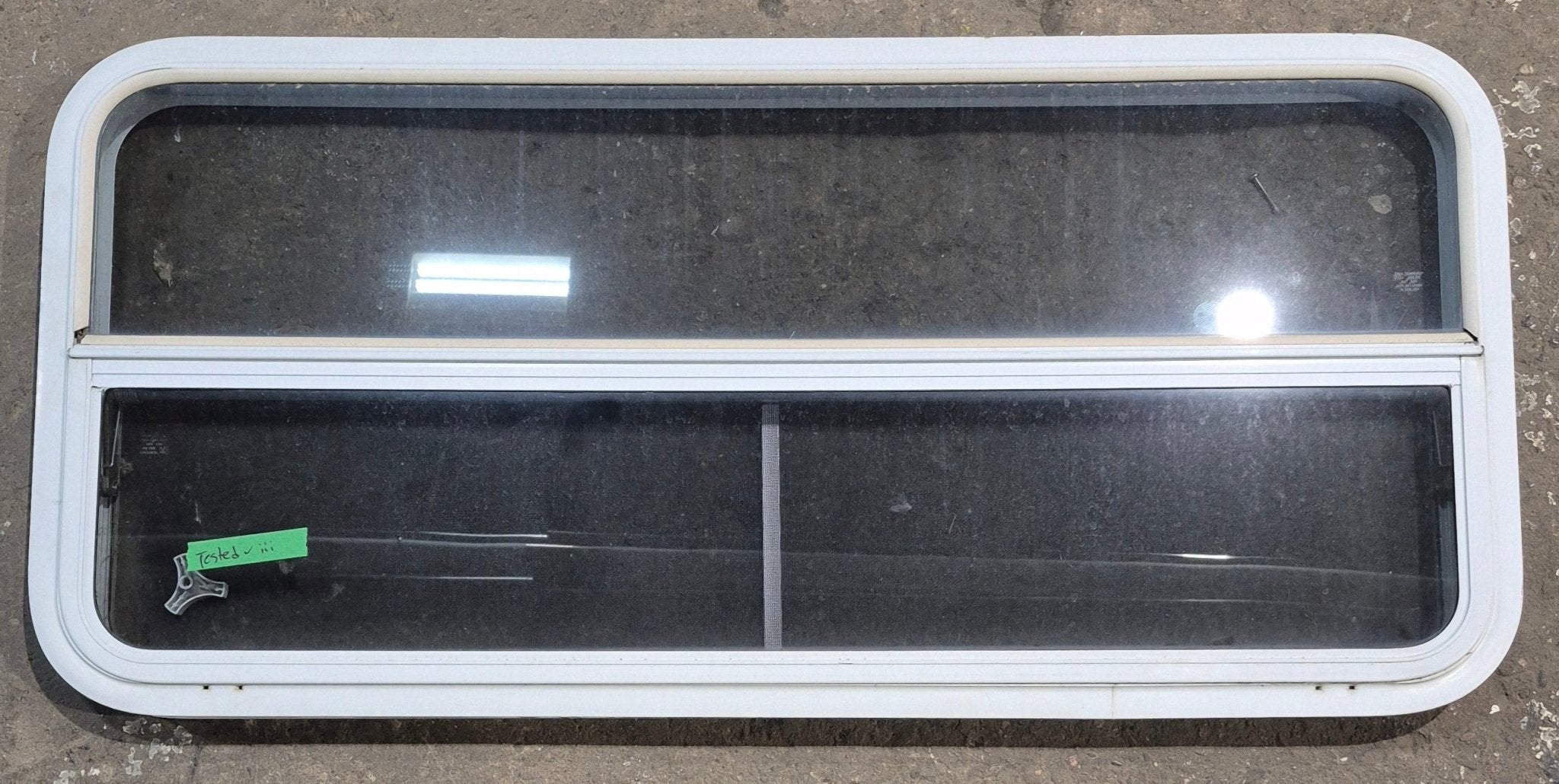 Used White Radius Opening Window : 47 1/4" W x 21 1/4" H x 1 3/4" D - Young Farts RV Parts