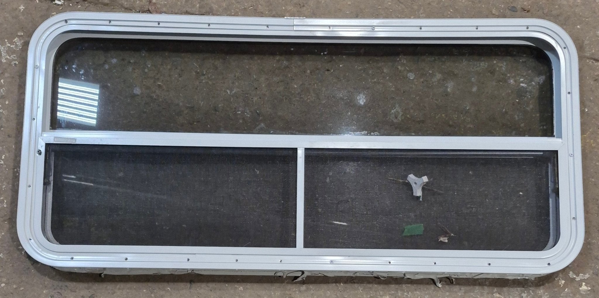 Used White Radius Opening Window : 47 1/4" W x 21 1/4" H x 1 3/4" D - Young Farts RV Parts