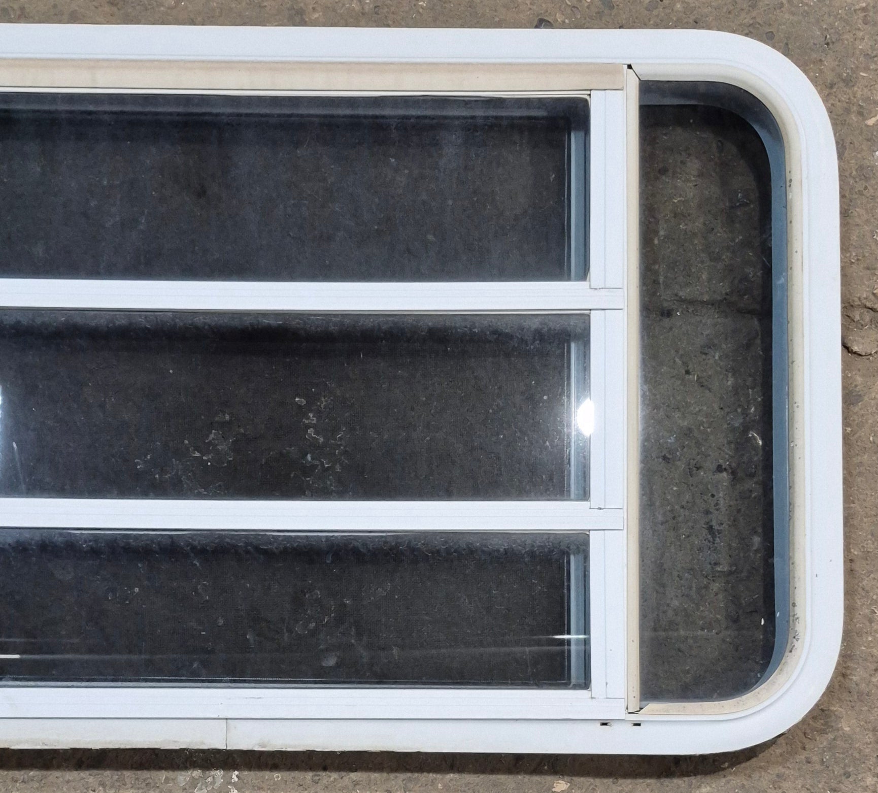 Used White Radius Opening Window : 47 1/4" W x 21 1/4" H x 1 7/8" D - Young Farts RV Parts
