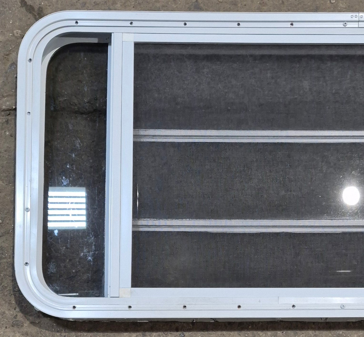 Used White Radius Opening Window : 47 1/4" W x 21 1/4" H x 1 7/8" D - Young Farts RV Parts