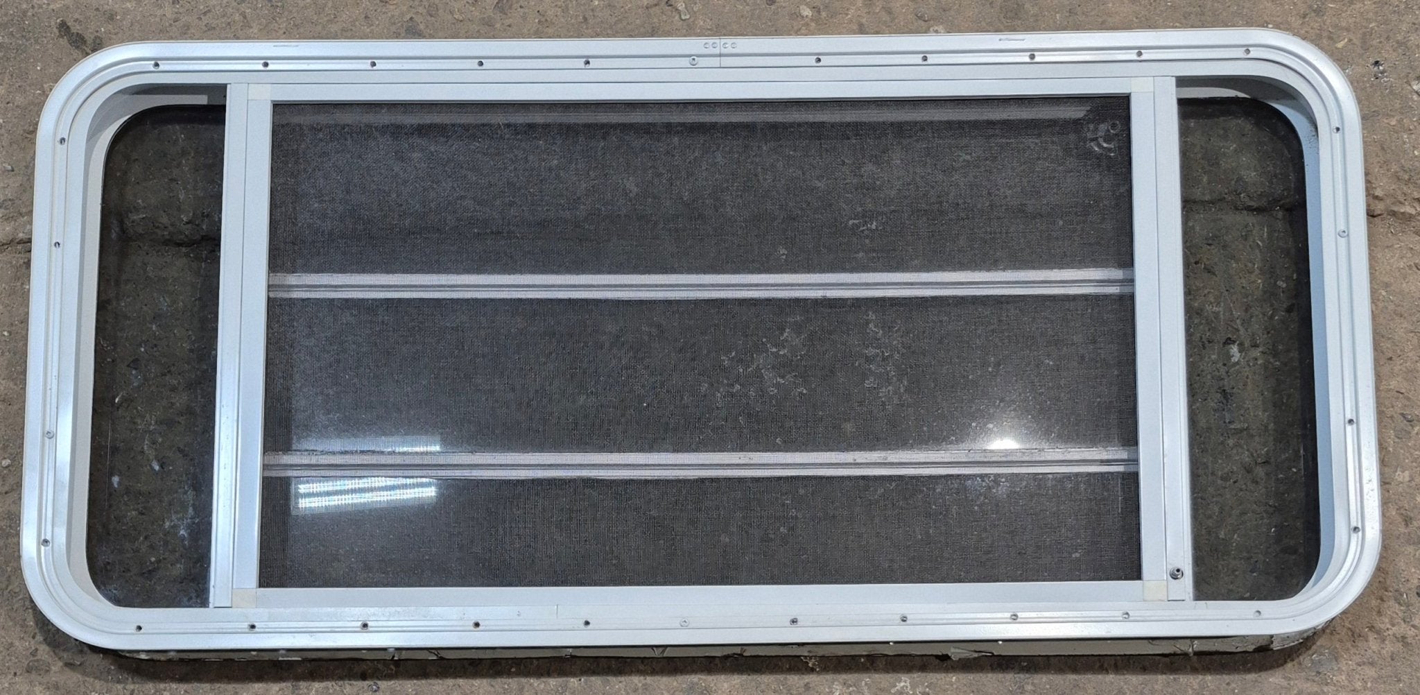 Used White Radius Opening Window : 47 1/4" W x 21 1/4" H x 1 7/8" D - Young Farts RV Parts