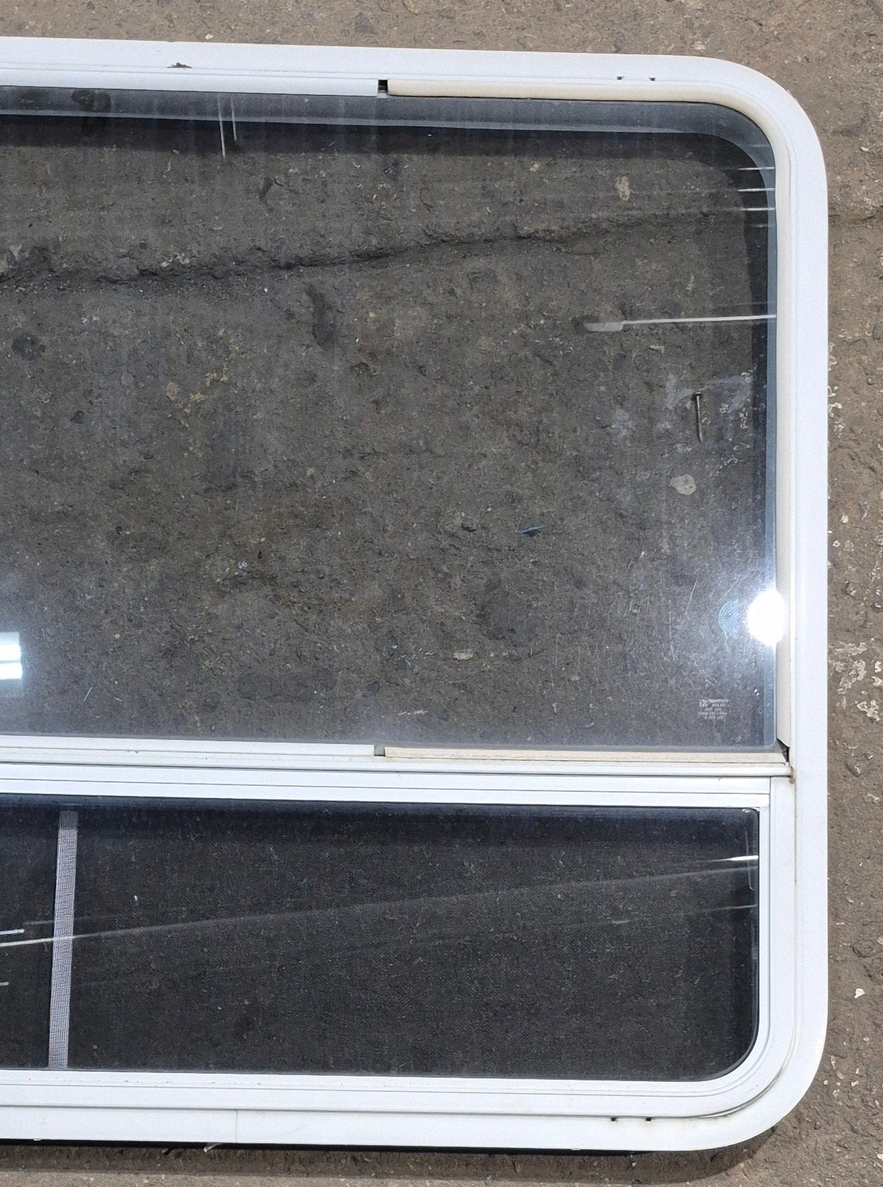 Used White Radius Opening Window : 47 1/4" W x 34 1/4" H x 1 3/4" D - Young Farts RV Parts