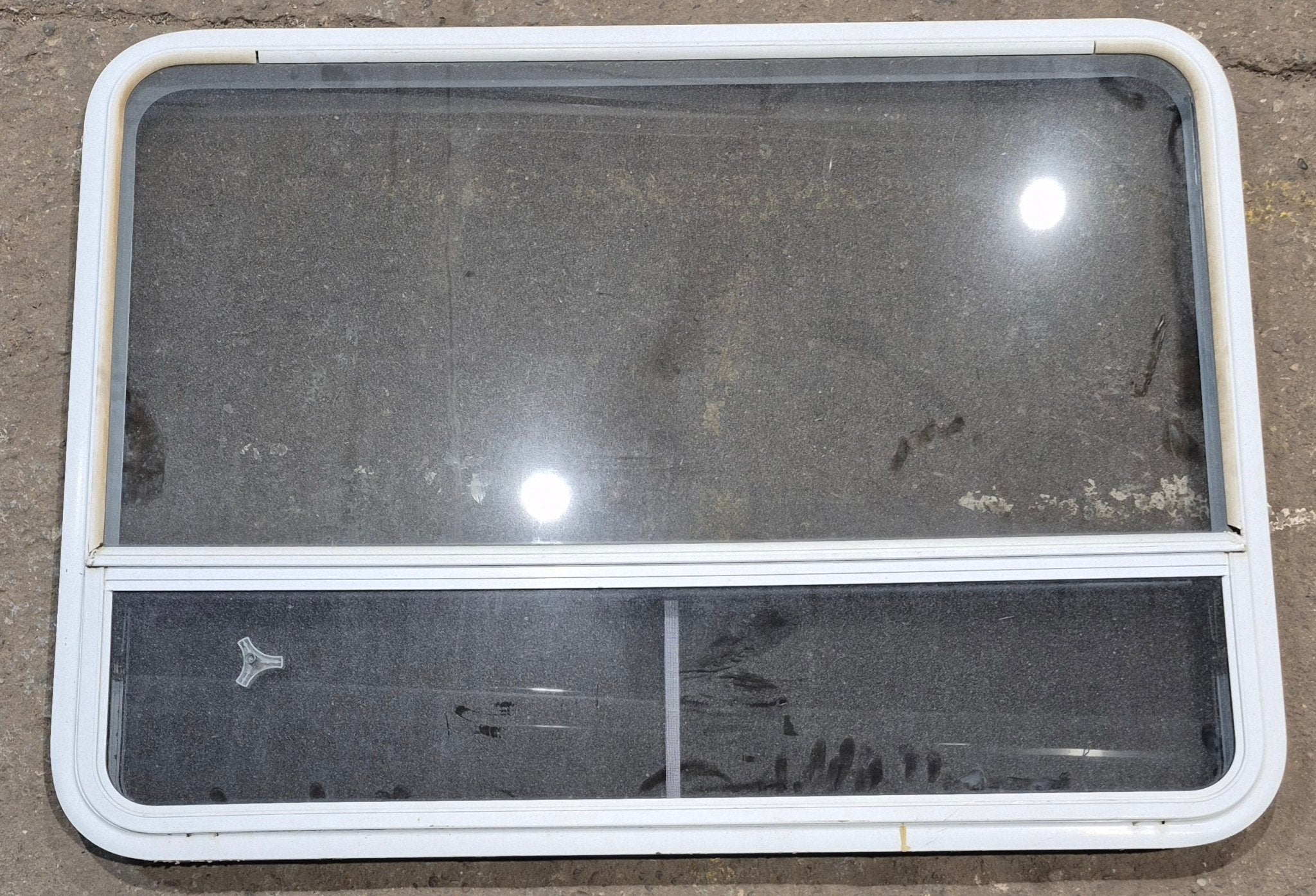 Used White Radius Opening Window : 47 1/4" W x 34 1/4" H x 1 3/4" D - Young Farts RV Parts