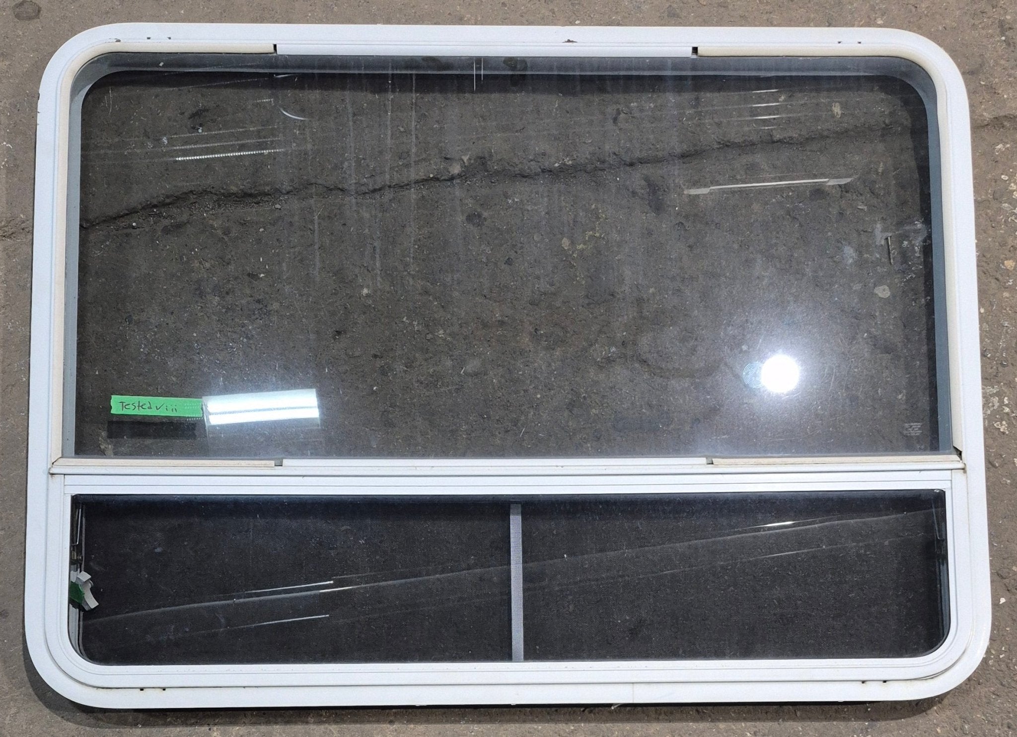 Used White Radius Opening Window : 47 1/4" W x 34 1/4" H x 1 3/4" D - Young Farts RV Parts