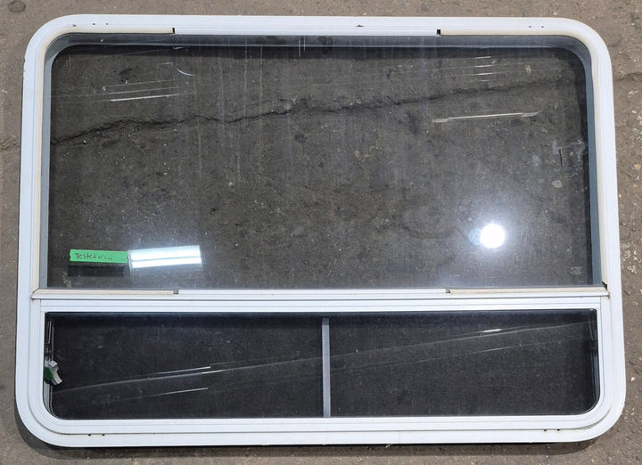 Used White Radius Opening Window : 47 1/4" W x 34 1/4" H x 1 3/4" D - Young Farts RV Parts