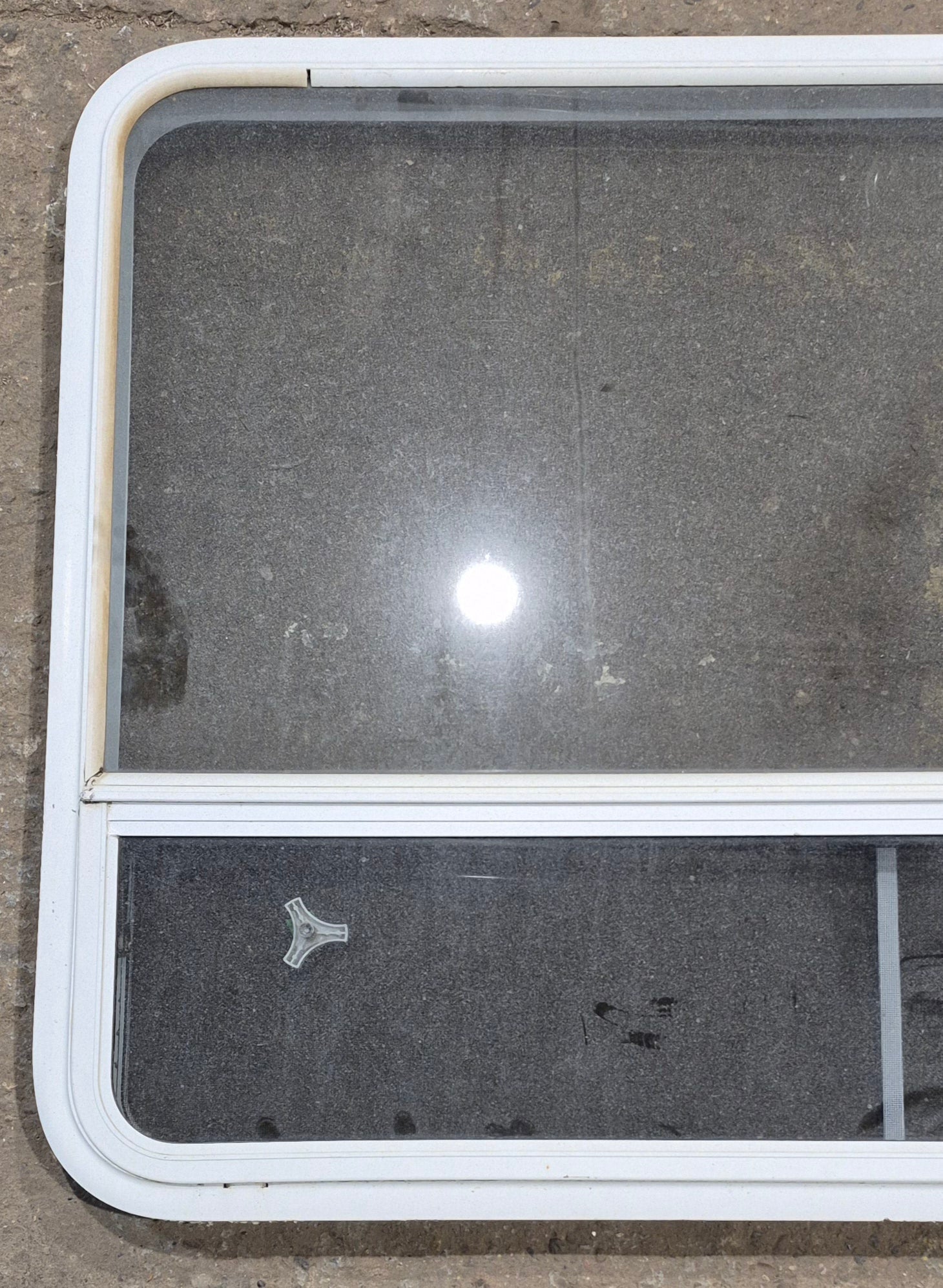 Used White Radius Opening Window : 47 1/4" W x 34 1/4" H x 1 3/4" D - Young Farts RV Parts