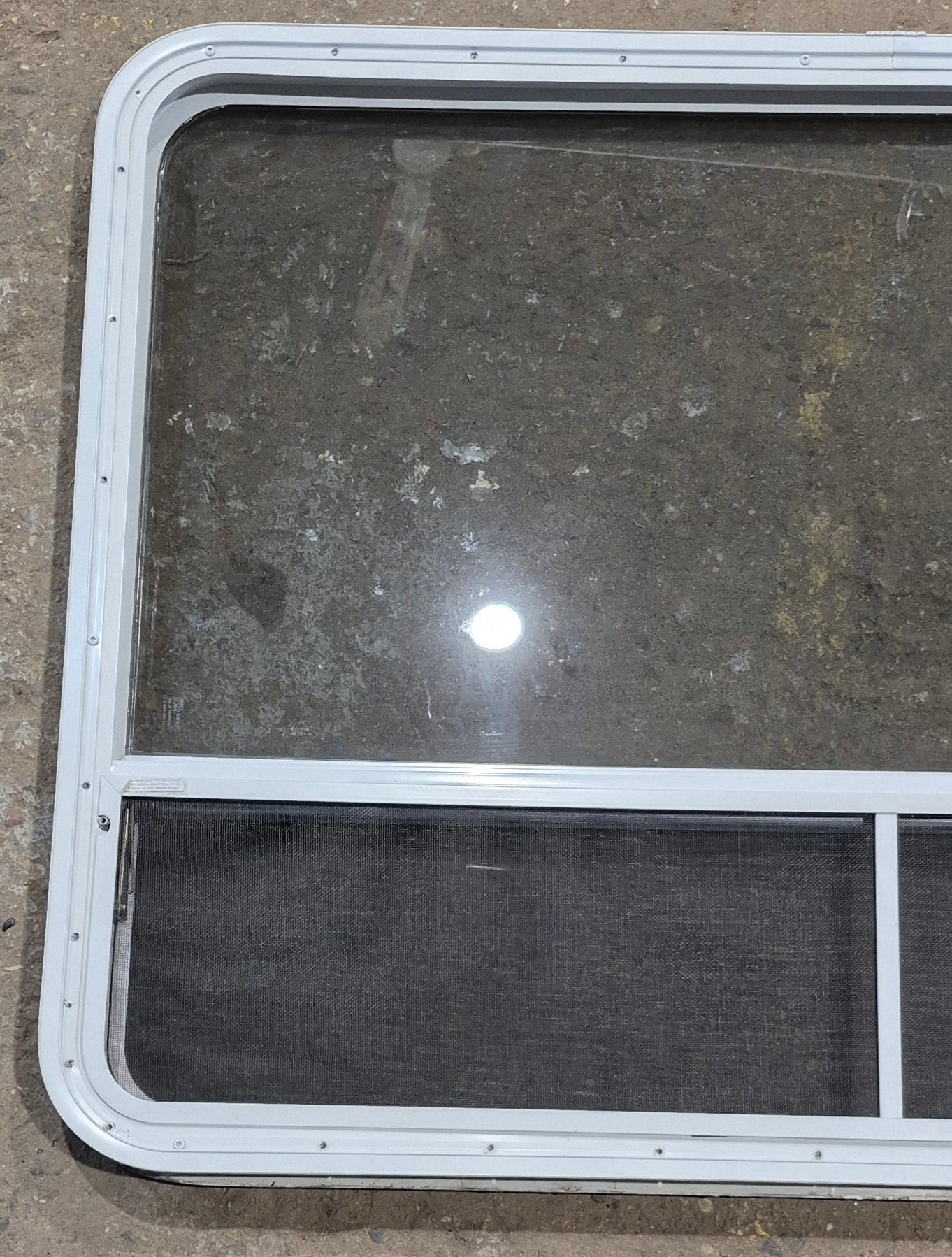 Used White Radius Opening Window : 47 1/4" W x 34 1/4" H x 1 3/4" D - Young Farts RV Parts