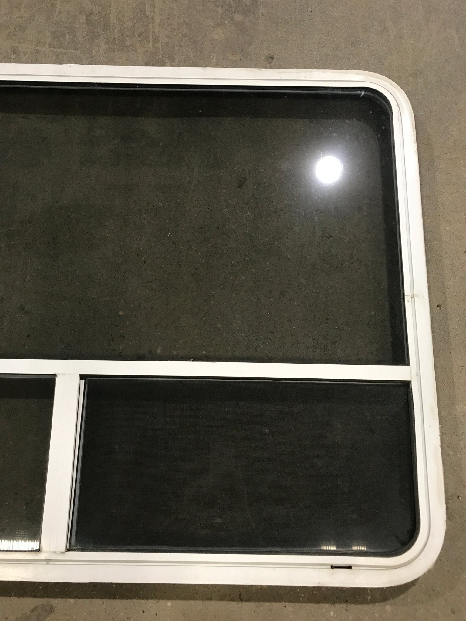 Used White Radius Opening Window : 48 1/4" W x 35 3/4" H x 2" D - Young Farts RV Parts