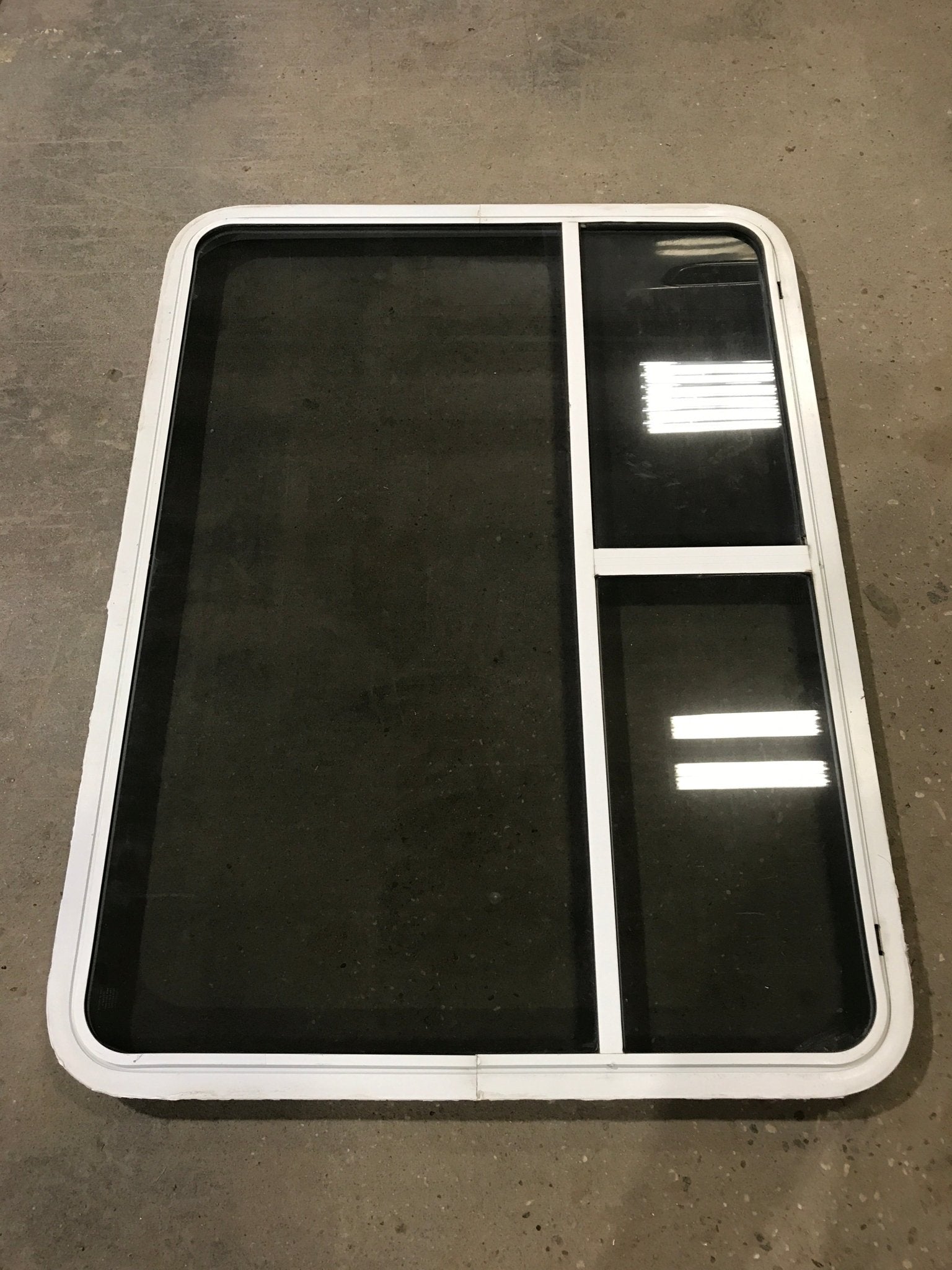 Used White Radius Opening Window : 48 1/4" W x 35 3/4" H x 2" D - Young Farts RV Parts