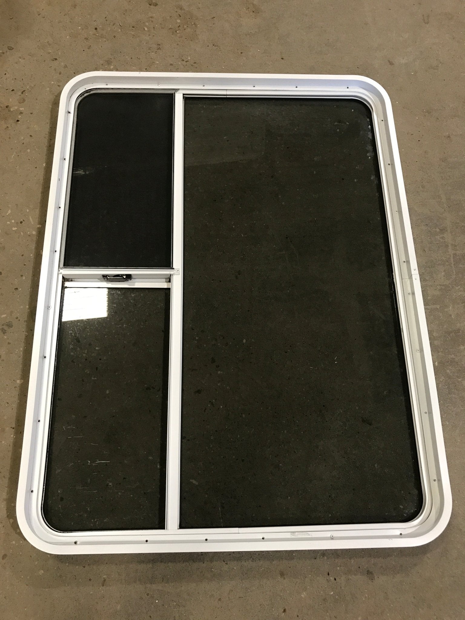 Used White Radius Opening Window : 48 1/4" W x 35 3/4" H x 2" D - Young Farts RV Parts