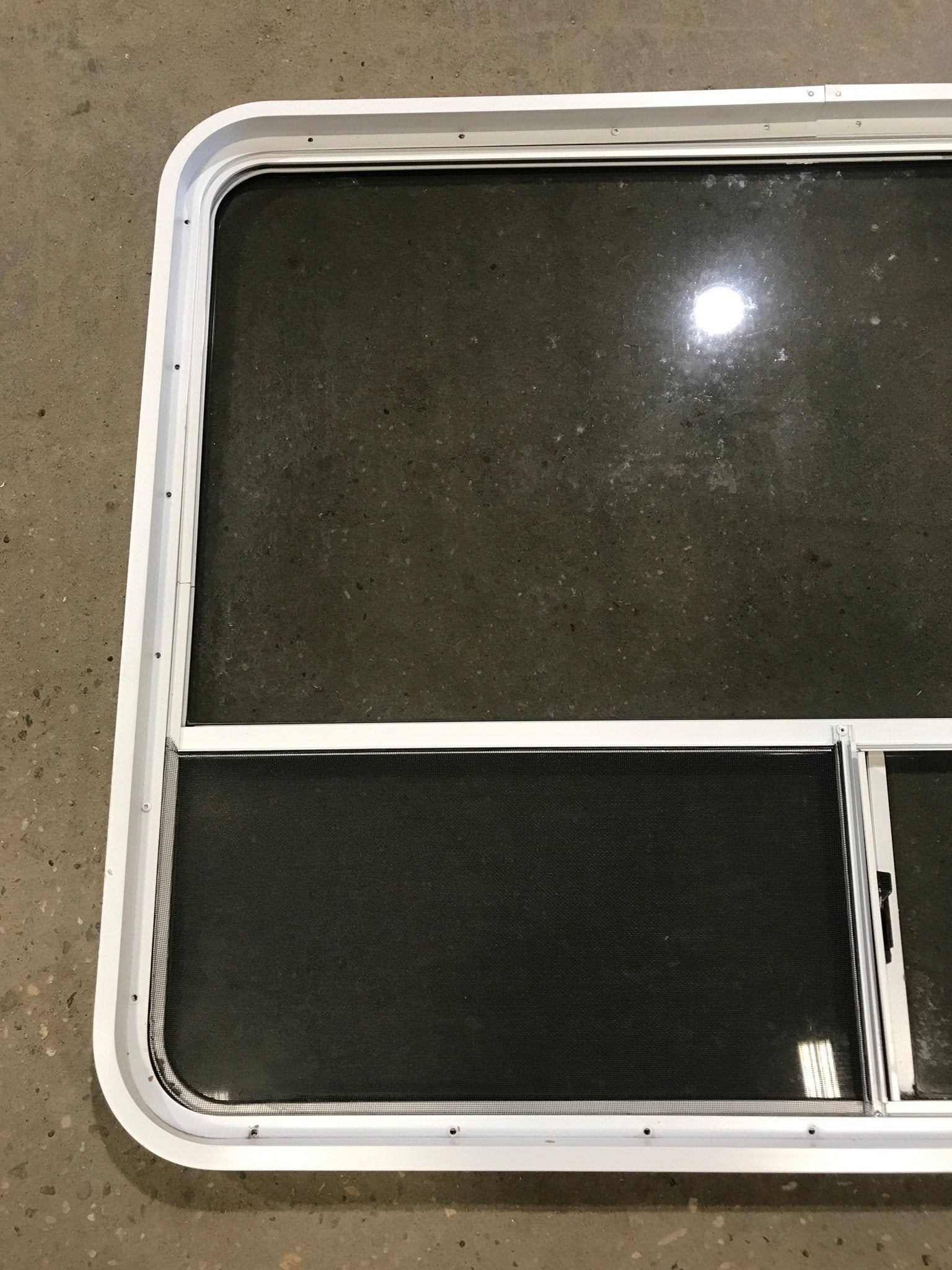 Used White Radius Opening Window : 48 1/4" W x 35 3/4" H x 2" D - Young Farts RV Parts
