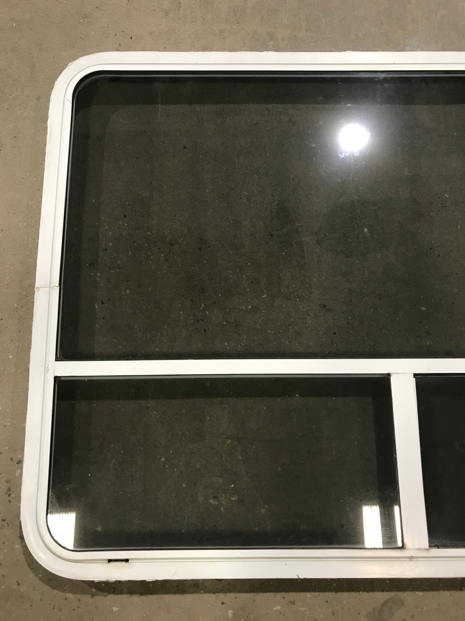 Used White Radius Opening Window : 48 1/4" W x 35 3/4" H x 2" D - Young Farts RV Parts