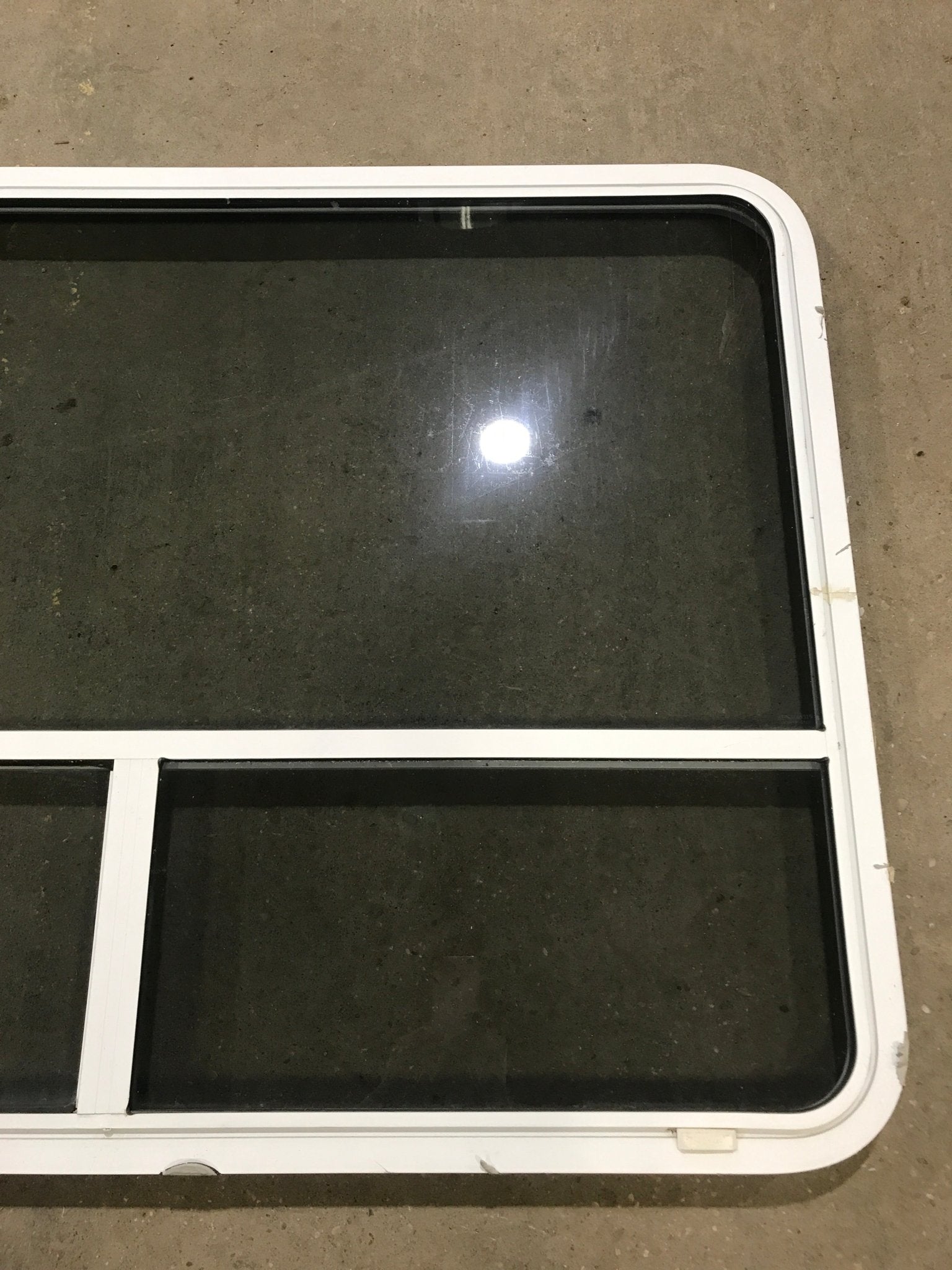 Used White Radius Opening Window : 48" W x 35 1/2" H x 2" D - Young Farts RV Parts