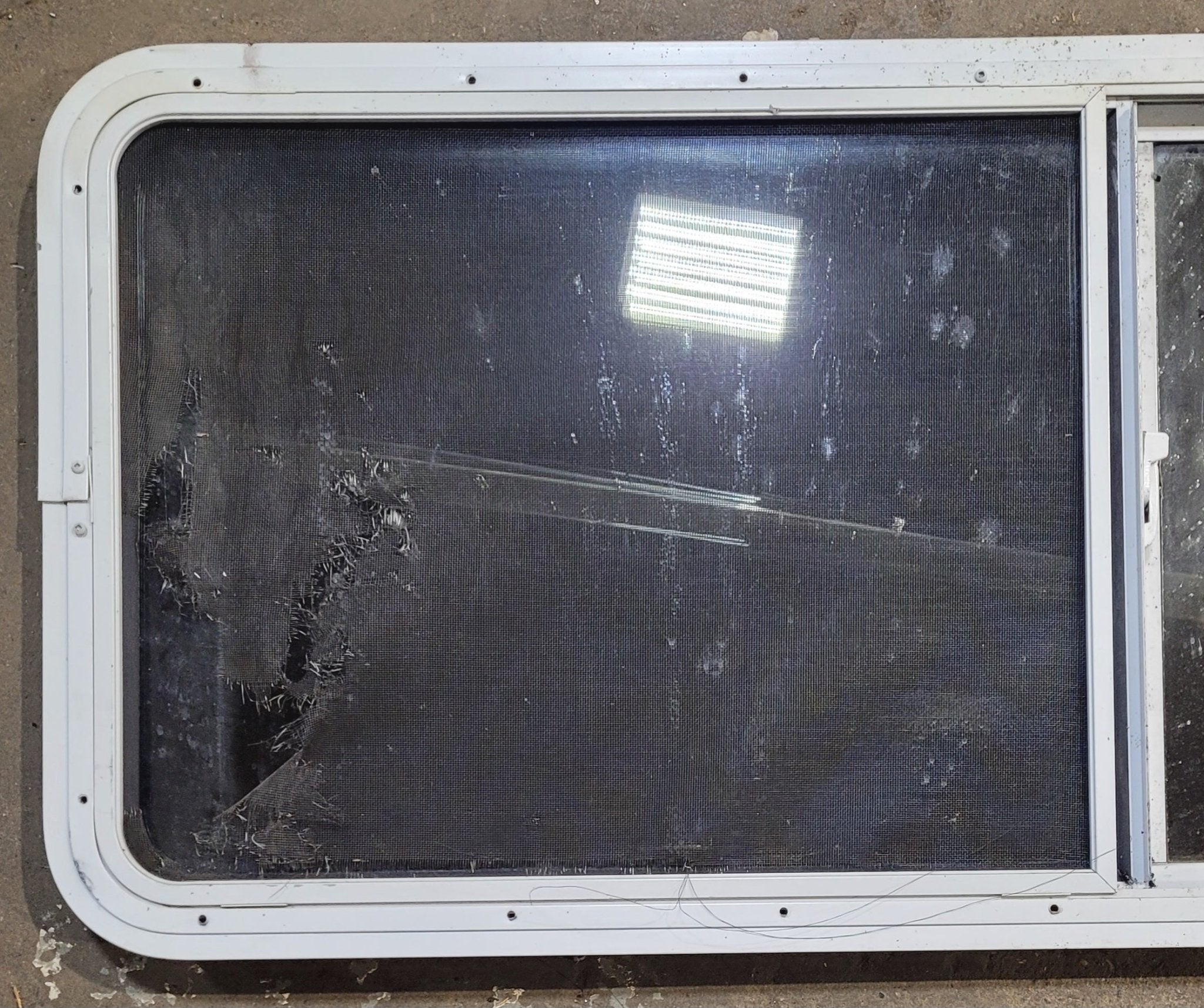 Used White Radius Opening Window : 54" W x 21 1/2" H x 1 7/8" D - Young Farts RV Parts