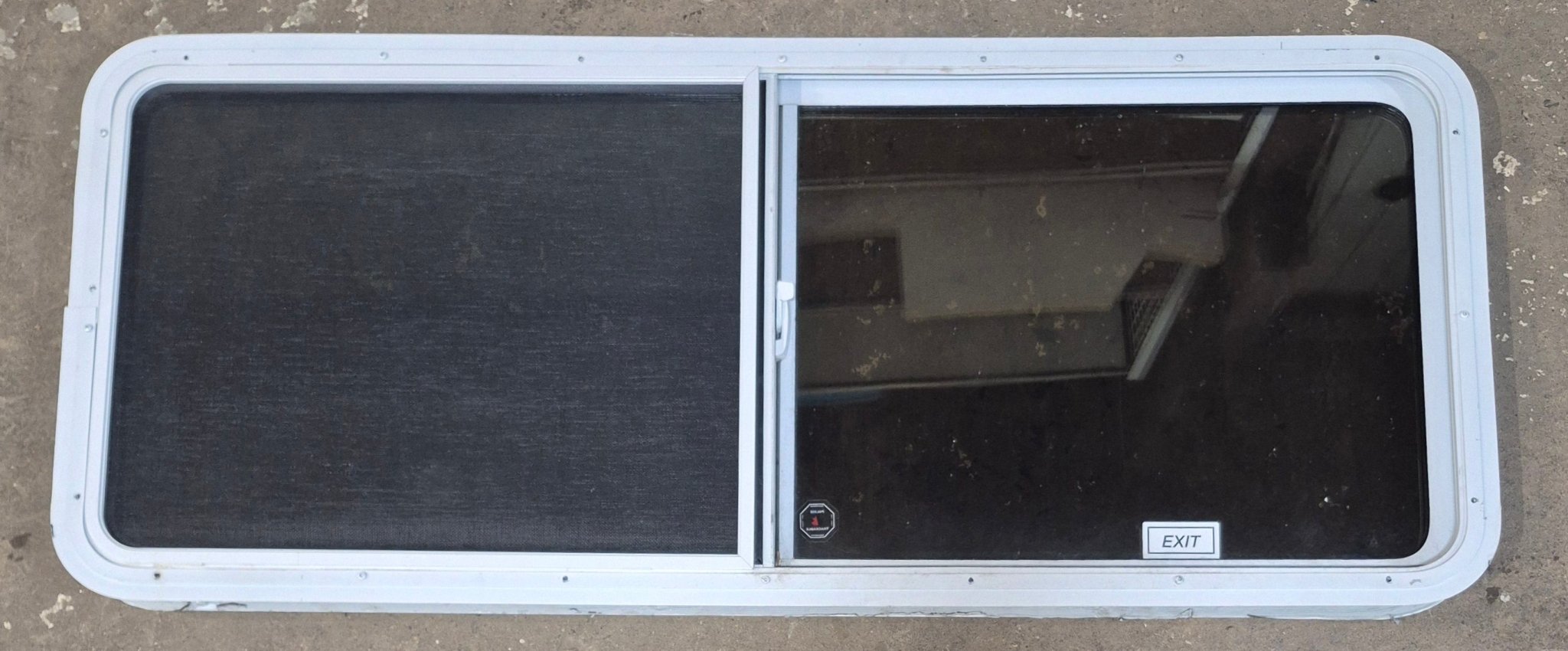 Used White Radius Opening Window : 54" W x 21 1/2" H x 1 7/8" D - Young Farts RV Parts