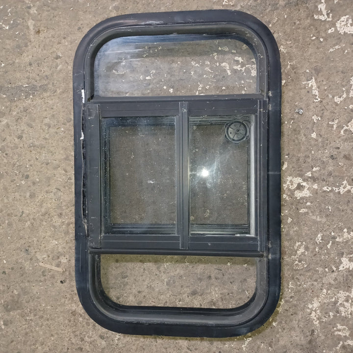 Used Young Farts RV Parts Black Radius Louvered Window : 23.5" x 14 3/8" x 2" - Young Farts RV Parts
