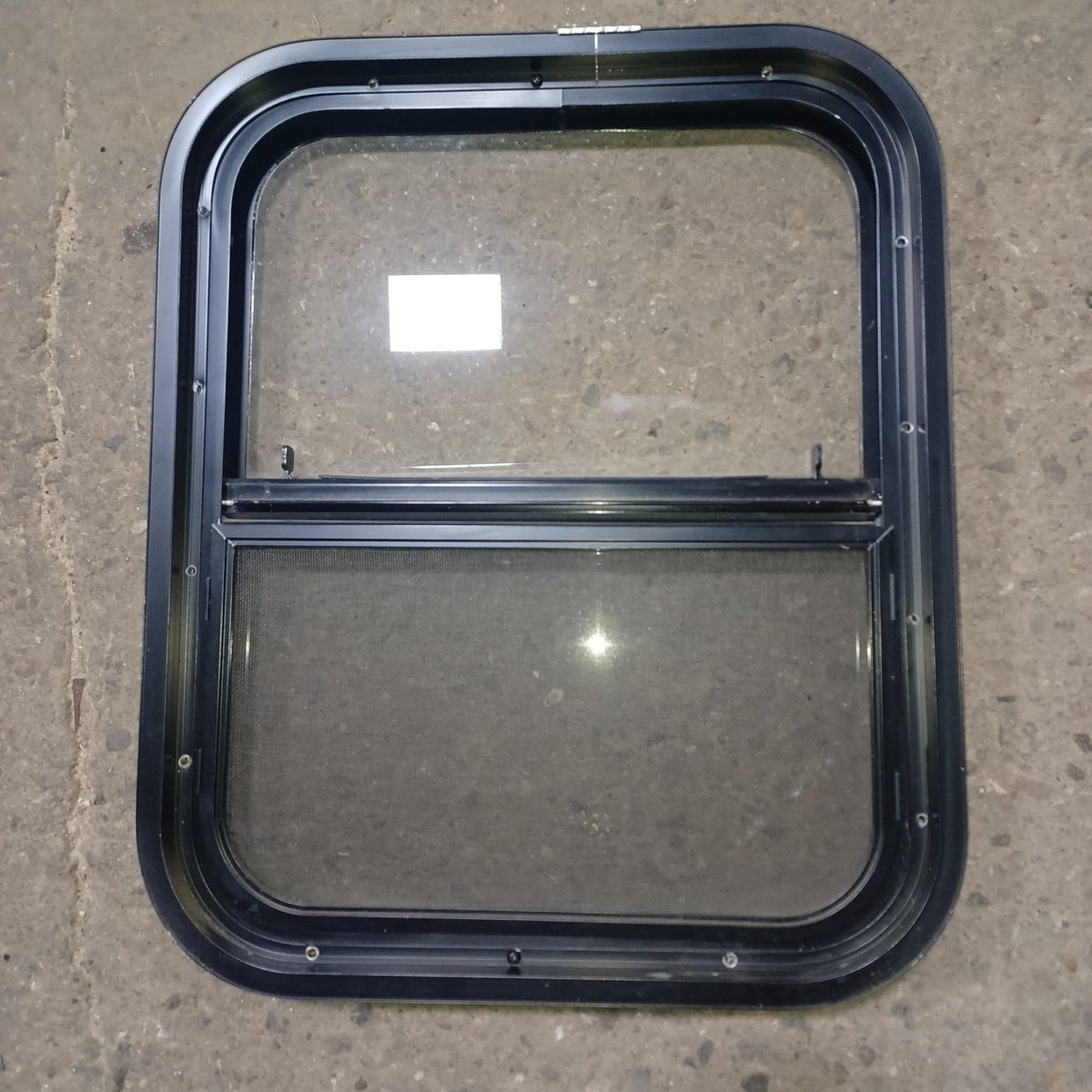 Used Young Farts RV Parts Black Radius Opening Window : 21.375″ X 17.375″ X 1.875″ - Young Farts RV Parts