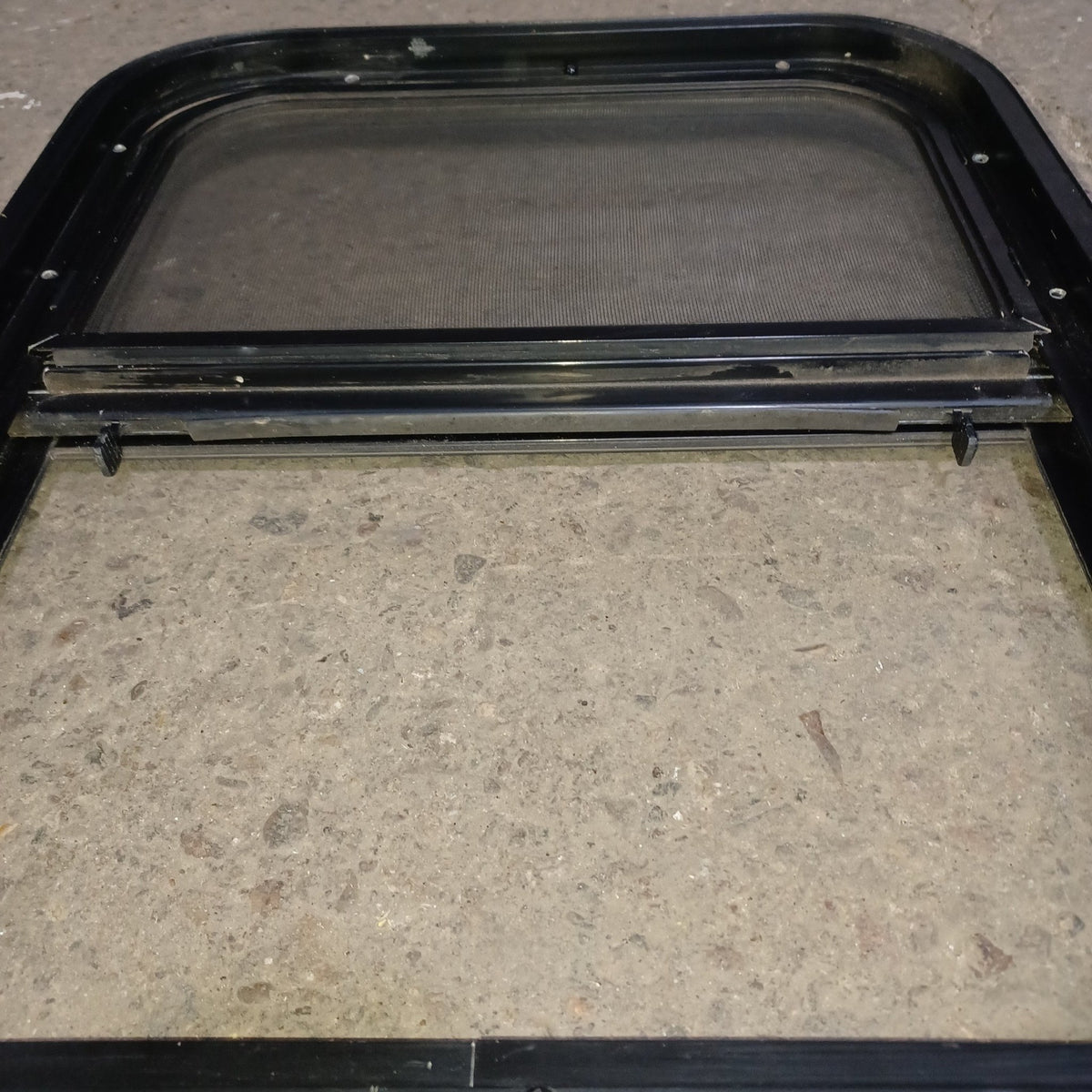 Used Young Farts RV Parts Black Radius Opening Window : 21.375″ X 17.375″ X 1.875″ - Young Farts RV Parts