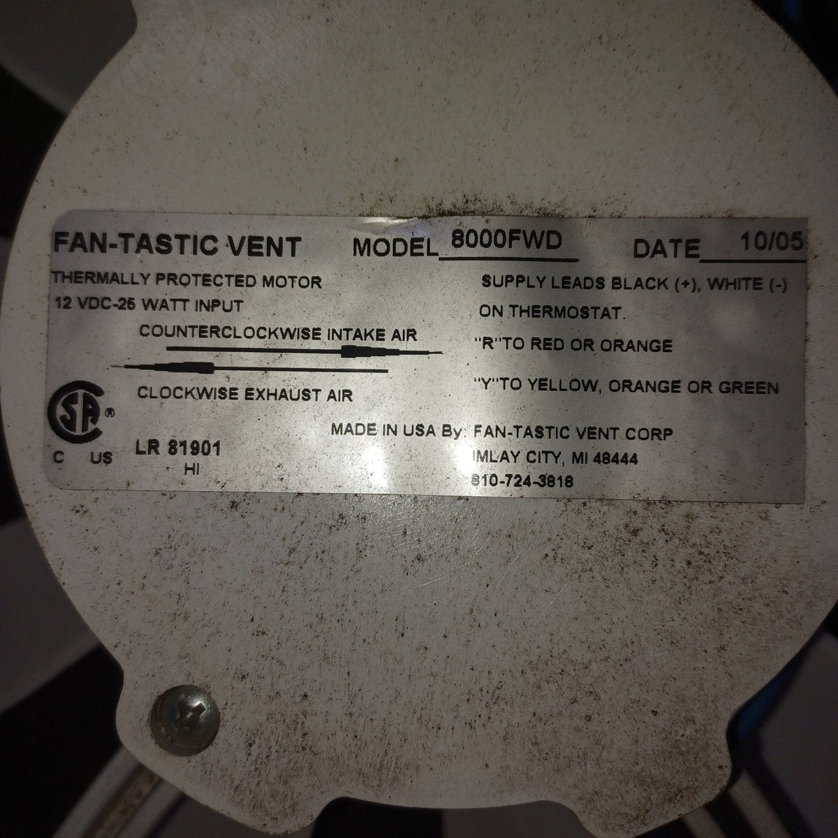Used Young Farts RV Parts Fantastic Fan Motor Assembly Kit 8000FWD - Young Farts RV Parts