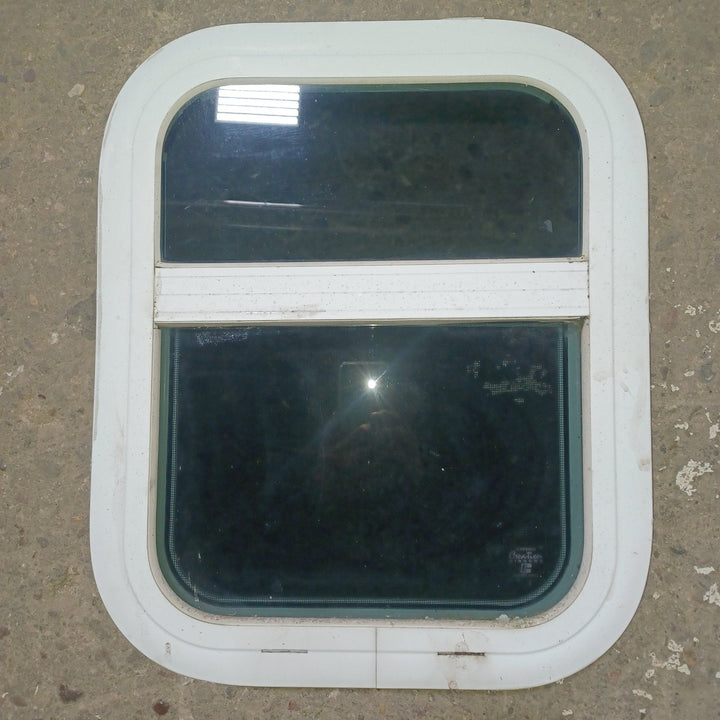 Used Young Farts RV Parts White Radius Opening Window - 17 3/8″ X 14″ X 1 3/8″ - Young Farts RV Parts