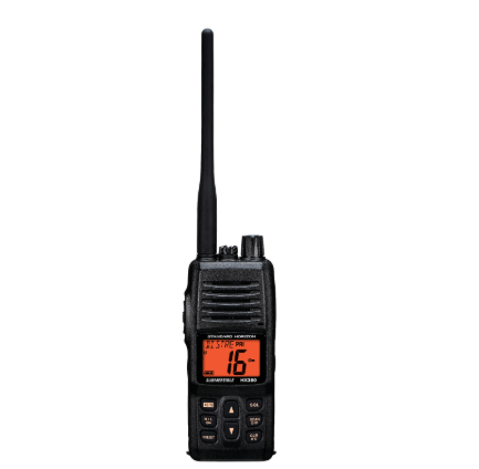VHF Radio Standard Horizon HX380 HX380; Handheld; United States/ Canadian/ International Channels; 5 Watts; NOAA Weather Channels With Alert; Without GPS Capability; Oversized LCD Display; Black; Commercial Grade; Submersible IPX7 Waterproof Rating; 40 Pr - Young Farts RV Parts
